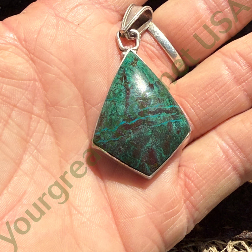 Vintage 950 Sterling Silver Chrysocolla Parrot Wing Pendant - Dark Green Gemstone Jewelry for Women, Unique Handmade Necklace Gift for Birthday, Anniversary & Special Occasions