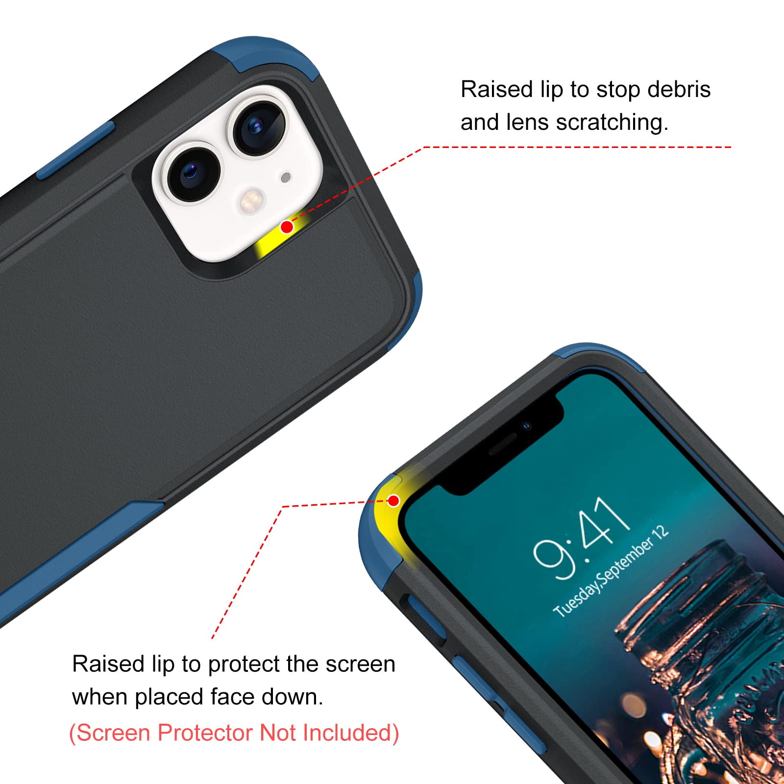 Premium Heavy Duty 3-in-1 Shockproof iPhone 12/12 Pro Case - Rugged Non-Slip Full Body Protection with Hard PC & Soft TPU Bumper (6.1 Inch) | Ideal for Outdoor, Work & Daily Use | Black/Navy Blue