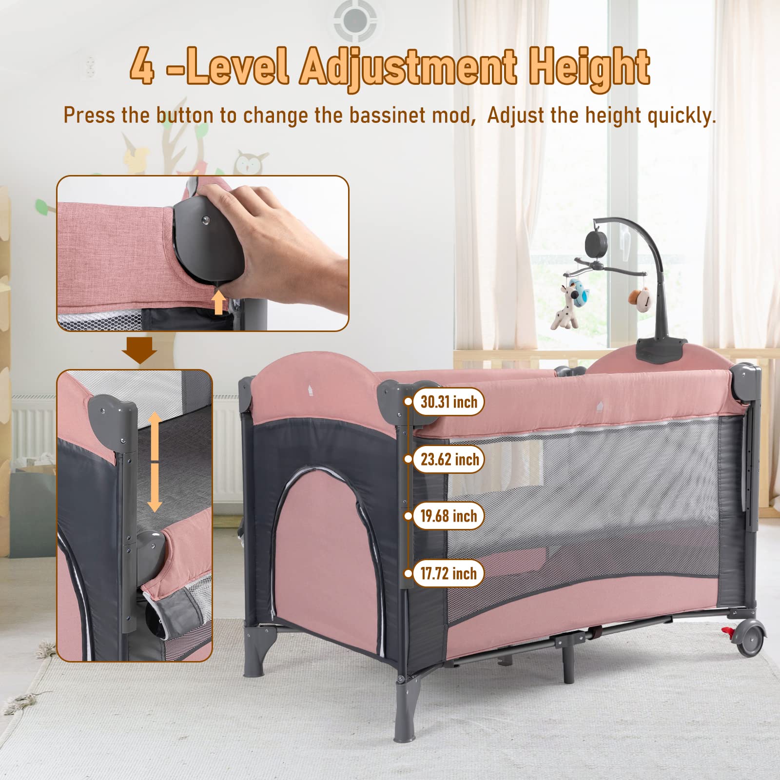 5-in-1 Portable Baby Crib with Bassinet, Changing Table & Playpen - Travel Sleeper with Mattress, Toys & Music Box for Newborns, Infants, Boys & Girls (Pink) | Perfect for Nursery, Bedroom & Travel Use