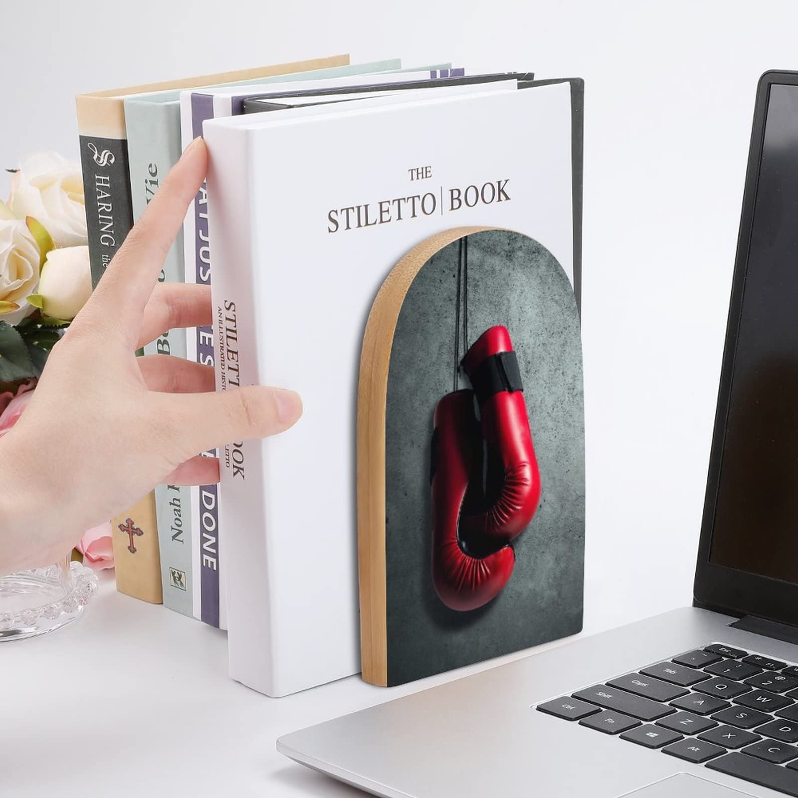 Premium Wooden Bookends - 2 PCS Non-Slip Book Shelf Holders with Red Boxing Gloves Design | Perfect for Home Office, Library & Study Decor | Unique Retirement Gift Idea & Wall Display Concept