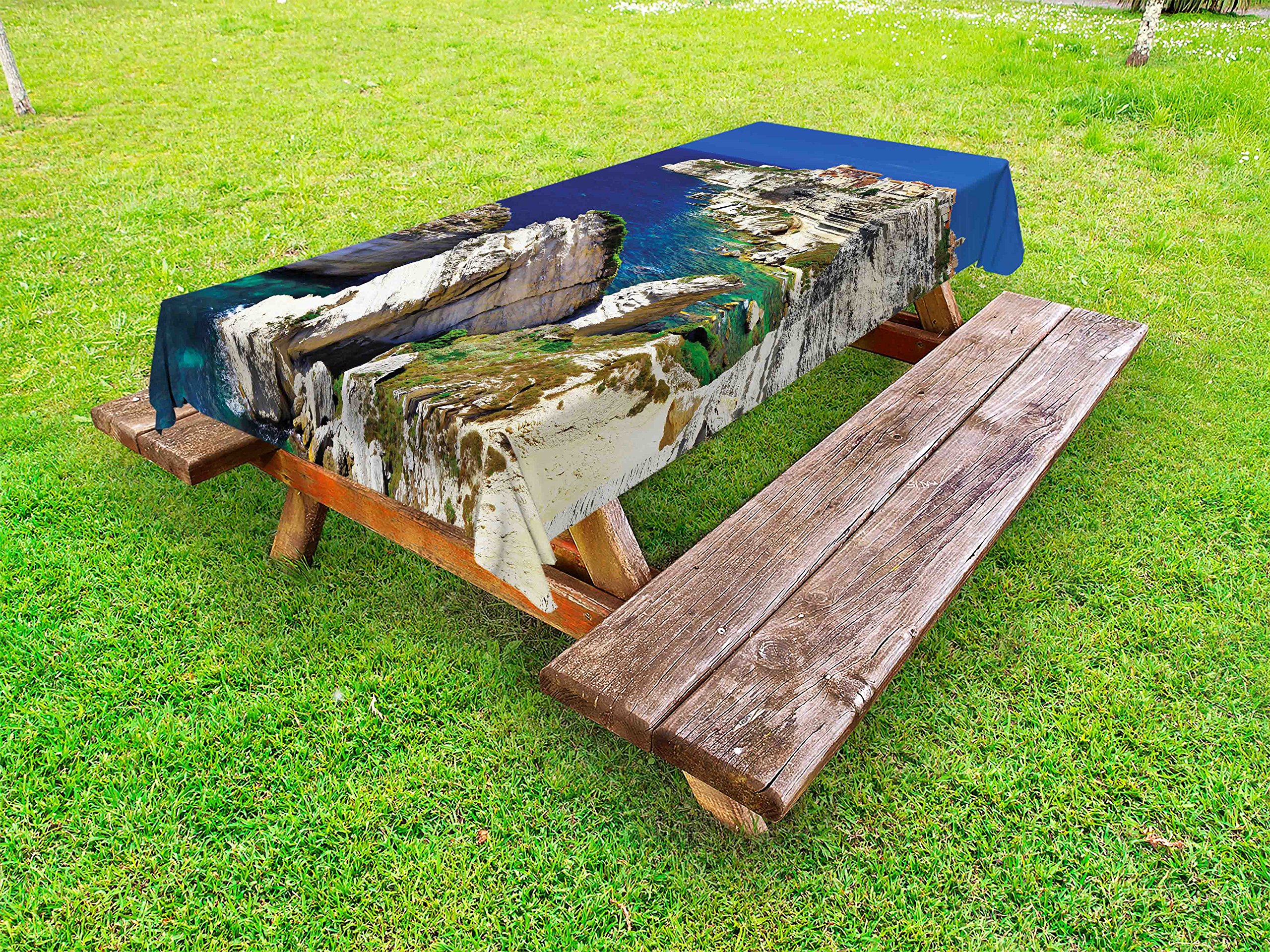 Ambesonne Waterproof Outdoor Tablecloth - Binifacio Town Rocks Corsica Coastline Cliff Ocean Seascape Panorama Print, Washable Picnic Table Cover 58