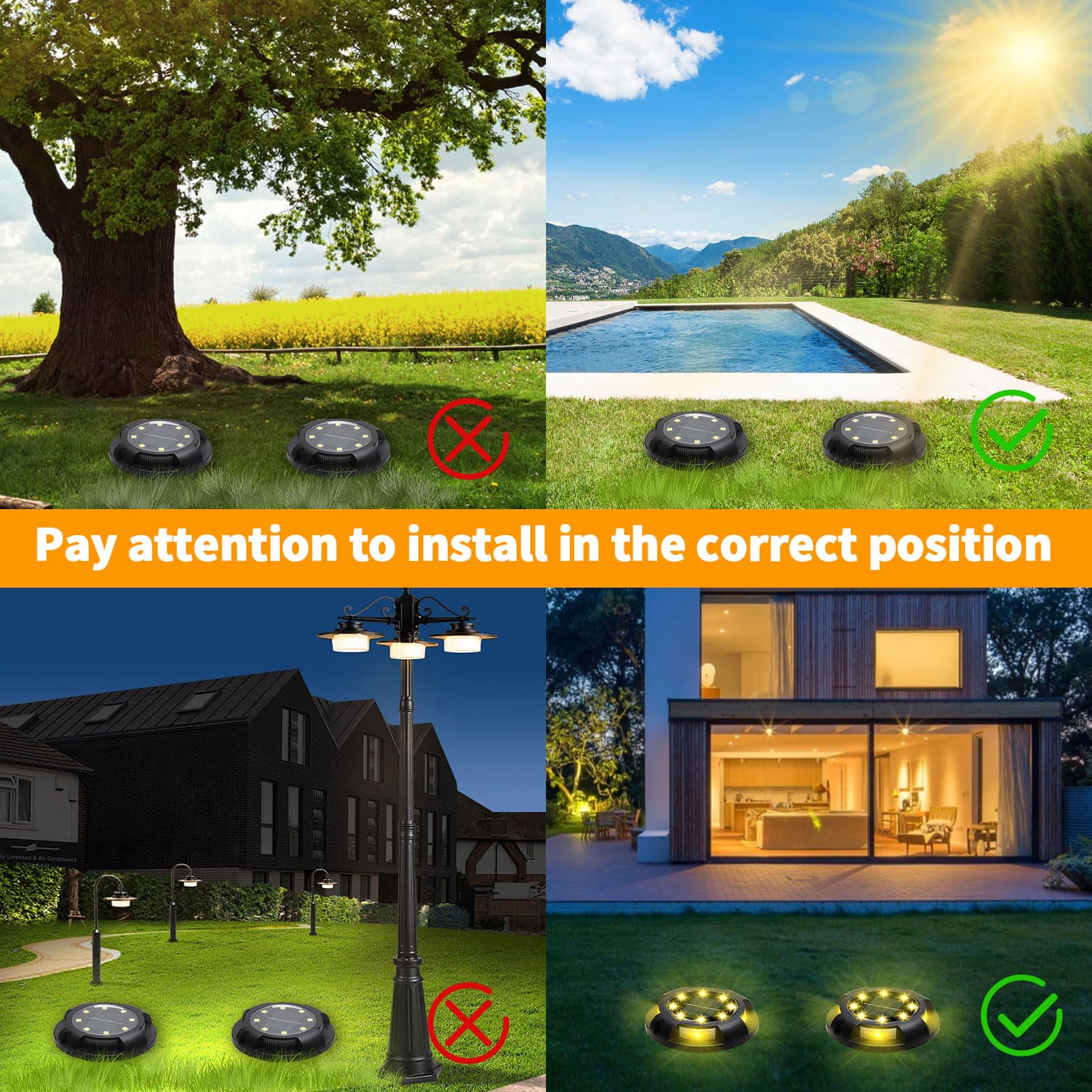 8 Pack 12 LED Solar Ground Lights - Waterproof Outdoor Landscape Lighting for Garden, Pathway, Yard, Lawn, Patio, Deck & Driveway | Warm White Solar Disk Lights | Perfect for Nighttime Safety & Garden Decor