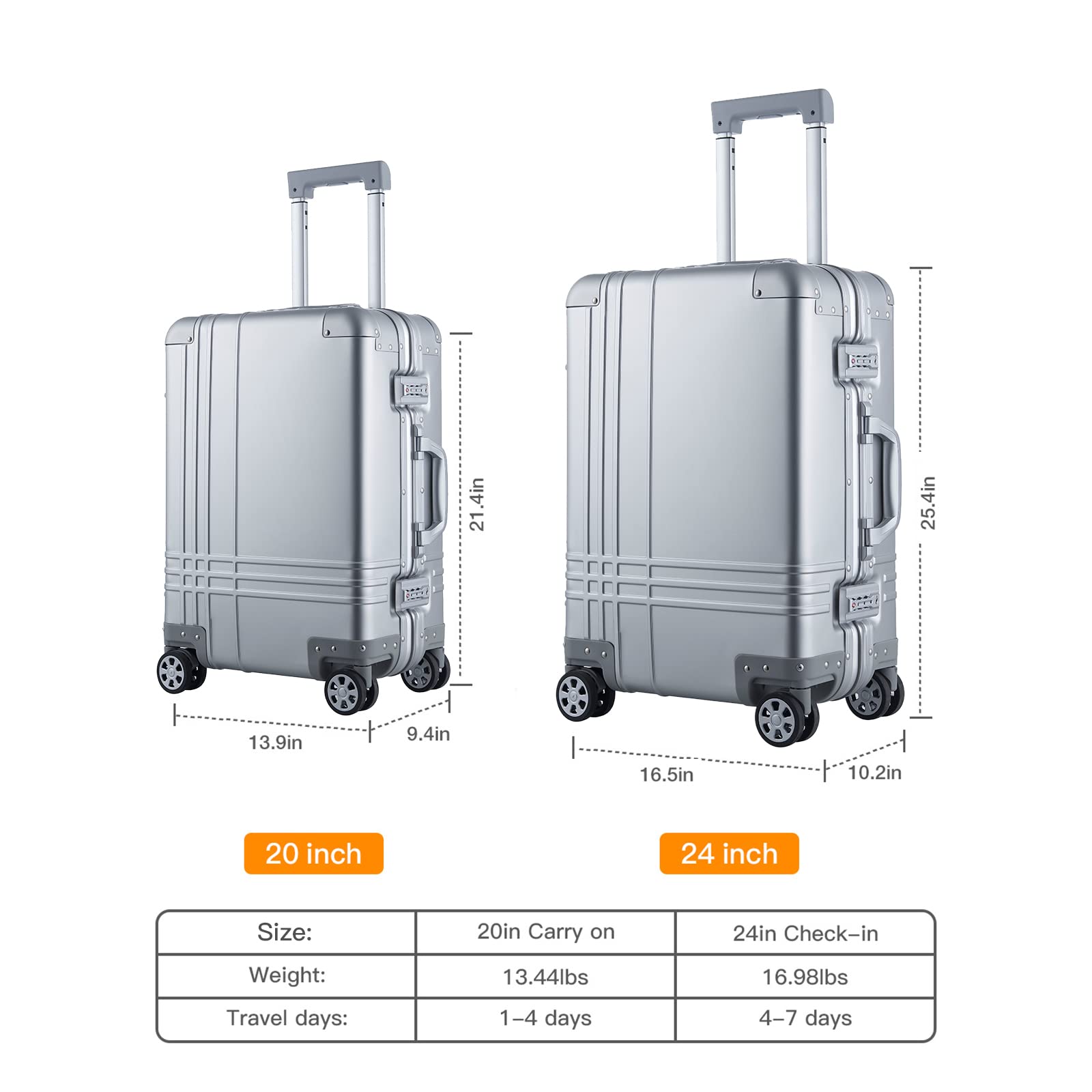20/24 Inch Lightweight Aluminum Magnesium Alloy Carry-On Luggage - TSA Approved Hard Shell Spinner Suitcase with Built-In Lock, Zipperless Design - Smooth Rolling Wheels for Effortless Travel (Silver, C-20inch) - Ideal for Business Travel, Weekend Trips & Airplane Cabin Use
