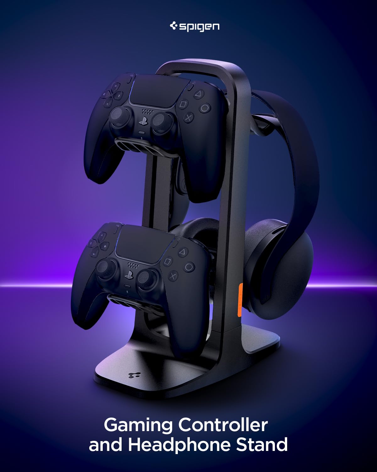 Spigen Universal Gaming Controller & Headset Stand - 2 Tier Organizer for PlayStation 5, Xbox Series X, Nintendo Switch, Razer & PC Headsets with Cable Management - Perfect for Gaming Setup & Desk Organization (Black)