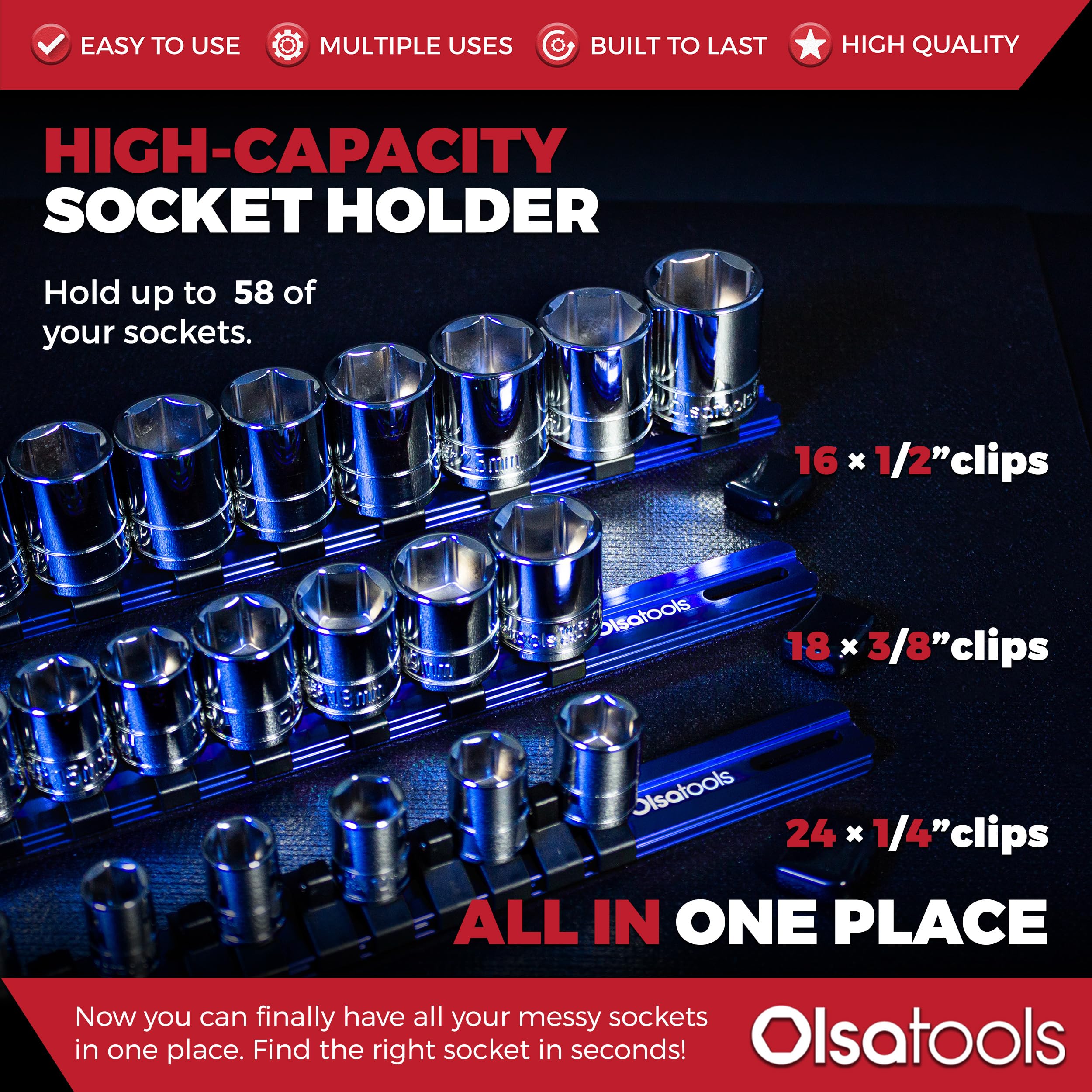 Olsa Tools 3-Piece Blue Socket Organizer Set - 1/2