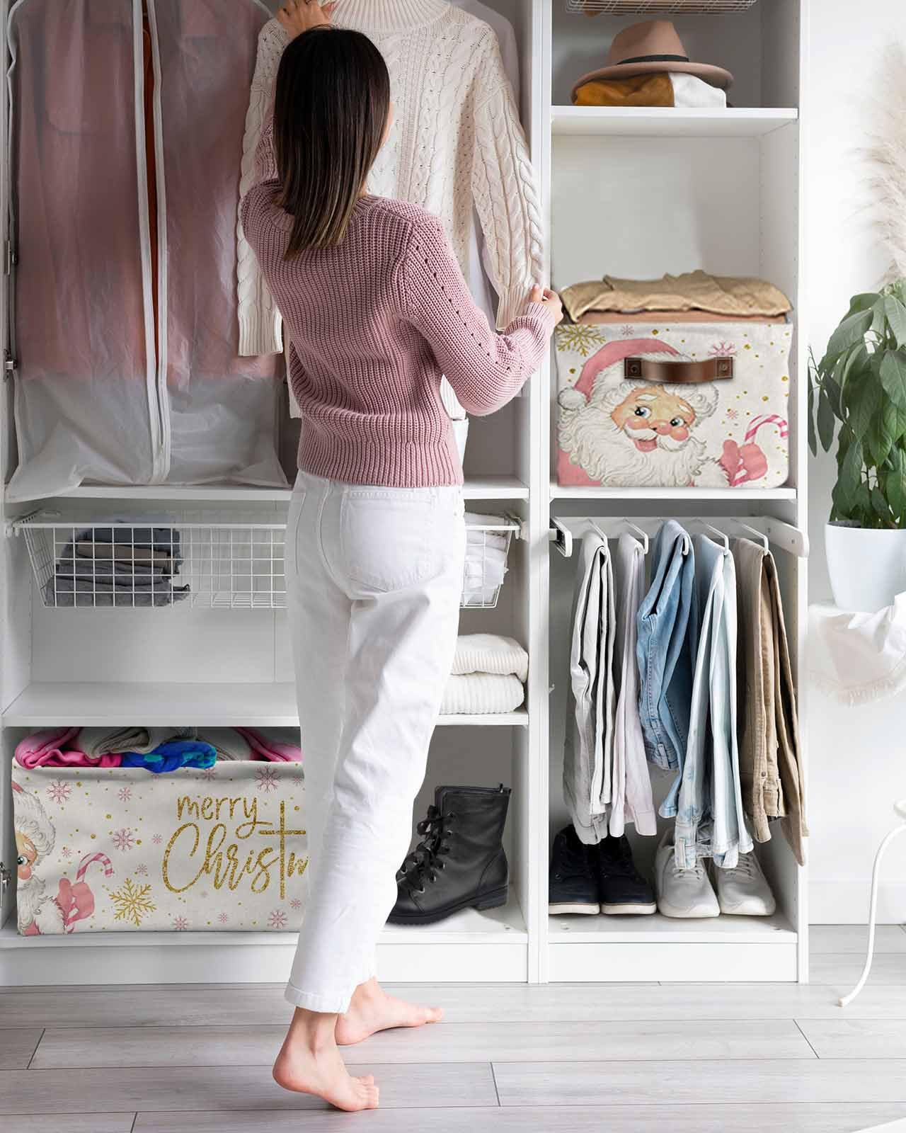 Large Pink Santa Claus Christmas Snowflakes Collapsible Storage Bins with Handles - Winter Snow Seamless Storage Baskets Cube Organizer for Shelves, Closet, Nursery | Perfect for Holiday Decor Storage, Kids' Toy Organization & Seasonal Home Organization