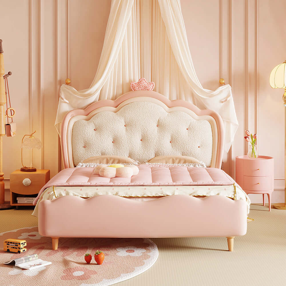 Modern Pink & White Wooden Princess Bed for Kids - Cream Style Elegant Design for Girls' Bedroom Decor & Sleep Comfort