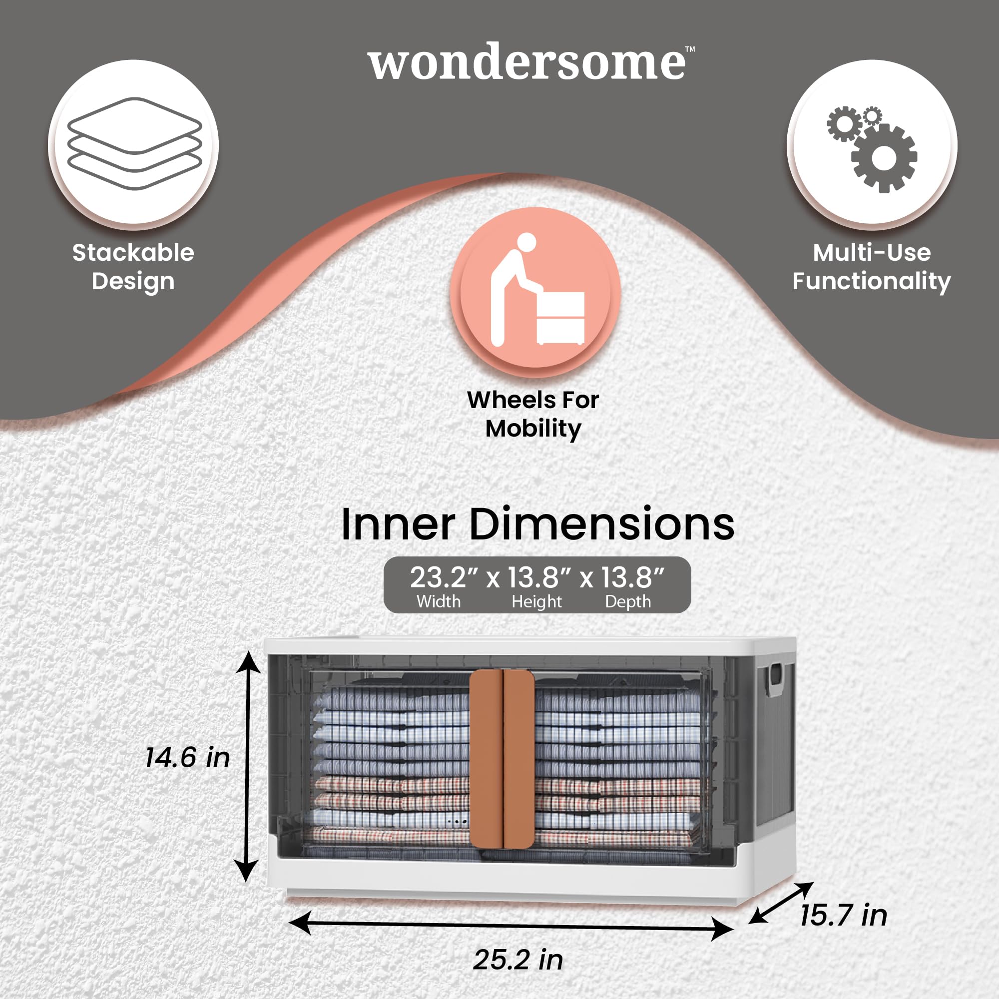 Wondersome Collapsible Storage Bins - 3-Pack Extra Large 19-Gallon/76-Quart Foldable Organizer Bins with Wheels for Clothes, Shoes, Bedroom & Office - Stackable Space Saving Storage Containers - US Brand | Perfect for Closet Organization, Seasonal Storage & Home Decluttering