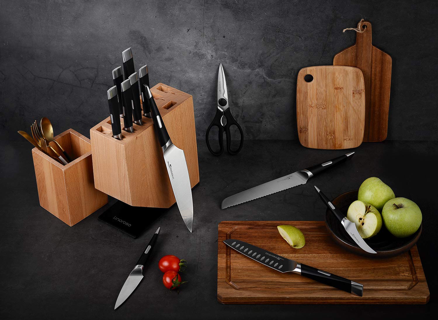 Linoroso 13-Piece German High Carbon Stainless Steel Knife Set with Beech Wood Block - Professional Chef Knives for Kitchen Cooking, Slicing, Dicing - Perfect for Home Chefs & Culinary Enthusiasts