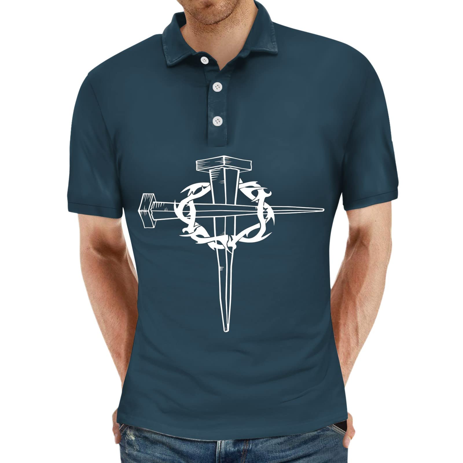 Men's Slim Fit Short Sleeve Graphic Polo Shirts - Cross Printed Casual Button Down Shirt with Spread Collar | Perfect for Summer Outings, Office Casual Fridays & Weekend Street Style