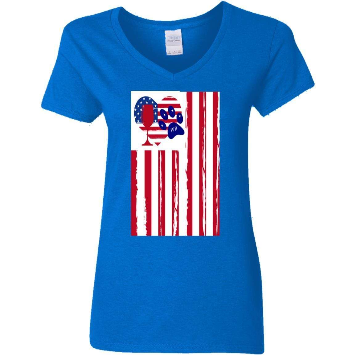 American Flag Wine Paw Heart V-Neck T-Shirt for Women - 5.3 oz Soft Cotton Ladies Tee - Perfect for 4th of July, Patriotic Events & Wine Lovers