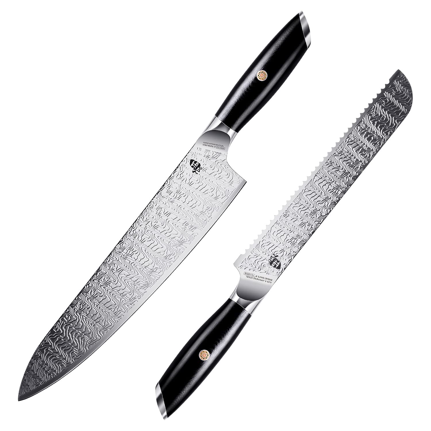 TUO Falcon S Series 8-Inch Bread Knife & 10-Inch Chef Knife Set - Premium AUS-8 Japanese Stainless Steel with Ergonomic G10 Handle - Includes Gift Box - Perfect for Home Baking, Professional Cooking & Gift Giving