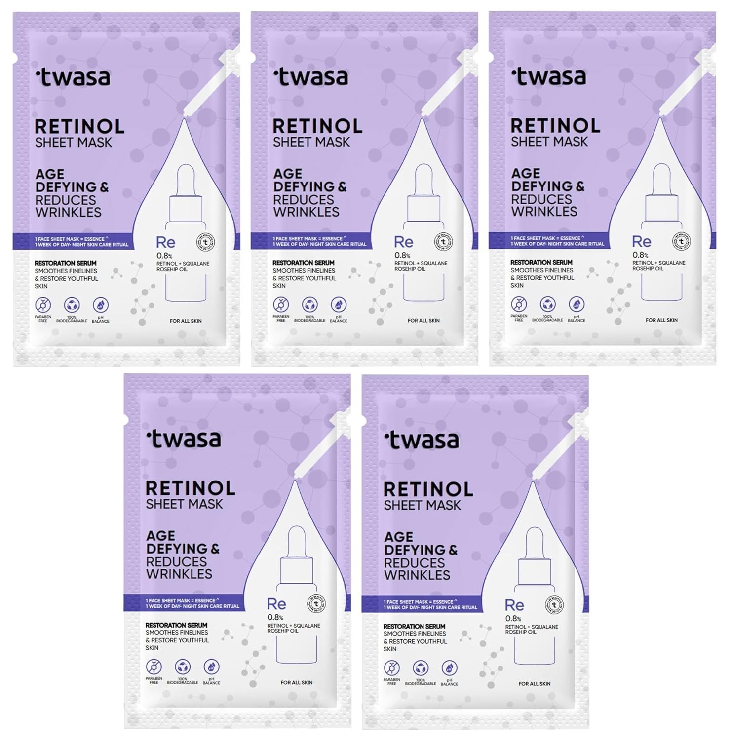**Twa'sa Retinol Serum Face Sheet Mask - Anti-Aging, Brightening & Hydrating Treatment for Wrinkles, Dark Spots & Uneven Skin Tone | Boosts Collagen for Smoother Skin | Pack of 5 (20ml Each) | Perfect for Nighttime Skincare Routine & Travel Essentials**