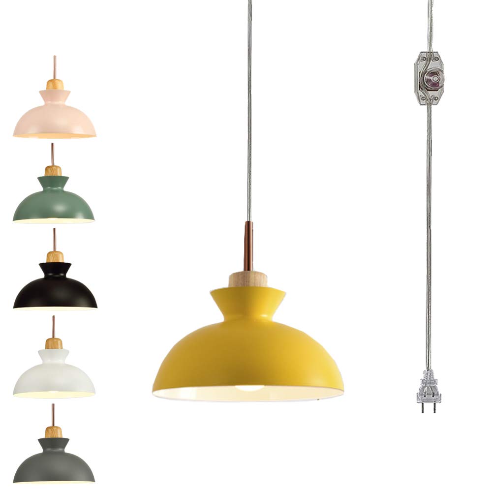 Vintage Wooden Handle Plug-in Pendant Light with 15ft UL-Listed Cord & Dimmer Switch - Macaron Yellow Lampshade for Dining Room, Kitchen Island, Bedroom - Loft Style Hanging Lamp (Bulbs Not Included)