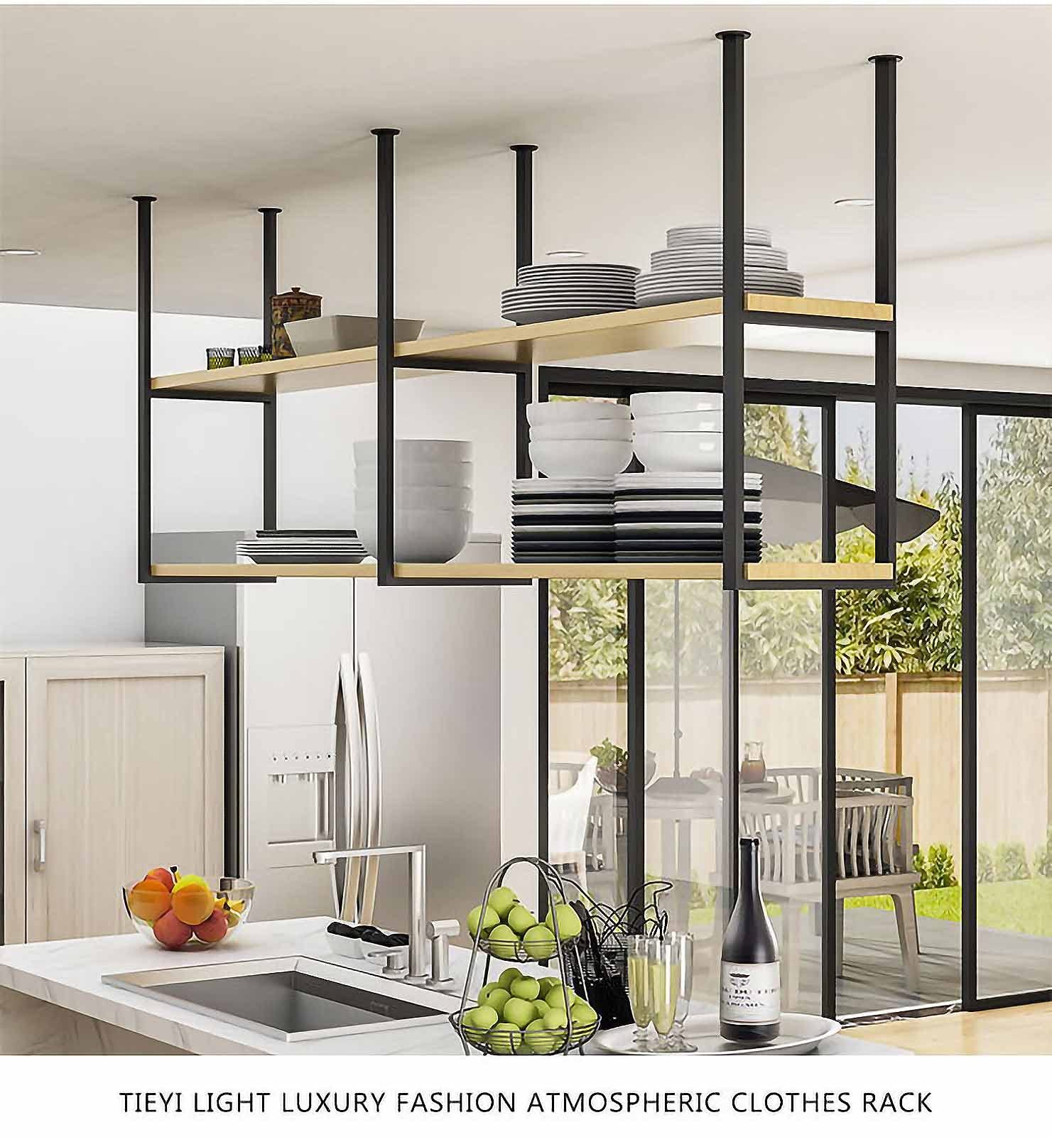 Industrial Ceiling Mount Wine Rack - 2 Tier Hanging Floating Shelves with Metal Brackets for Kitchen, Bar & Restaurant | Space-Saving Storage & Display Solution for Wine Bottles, Spices & Decor