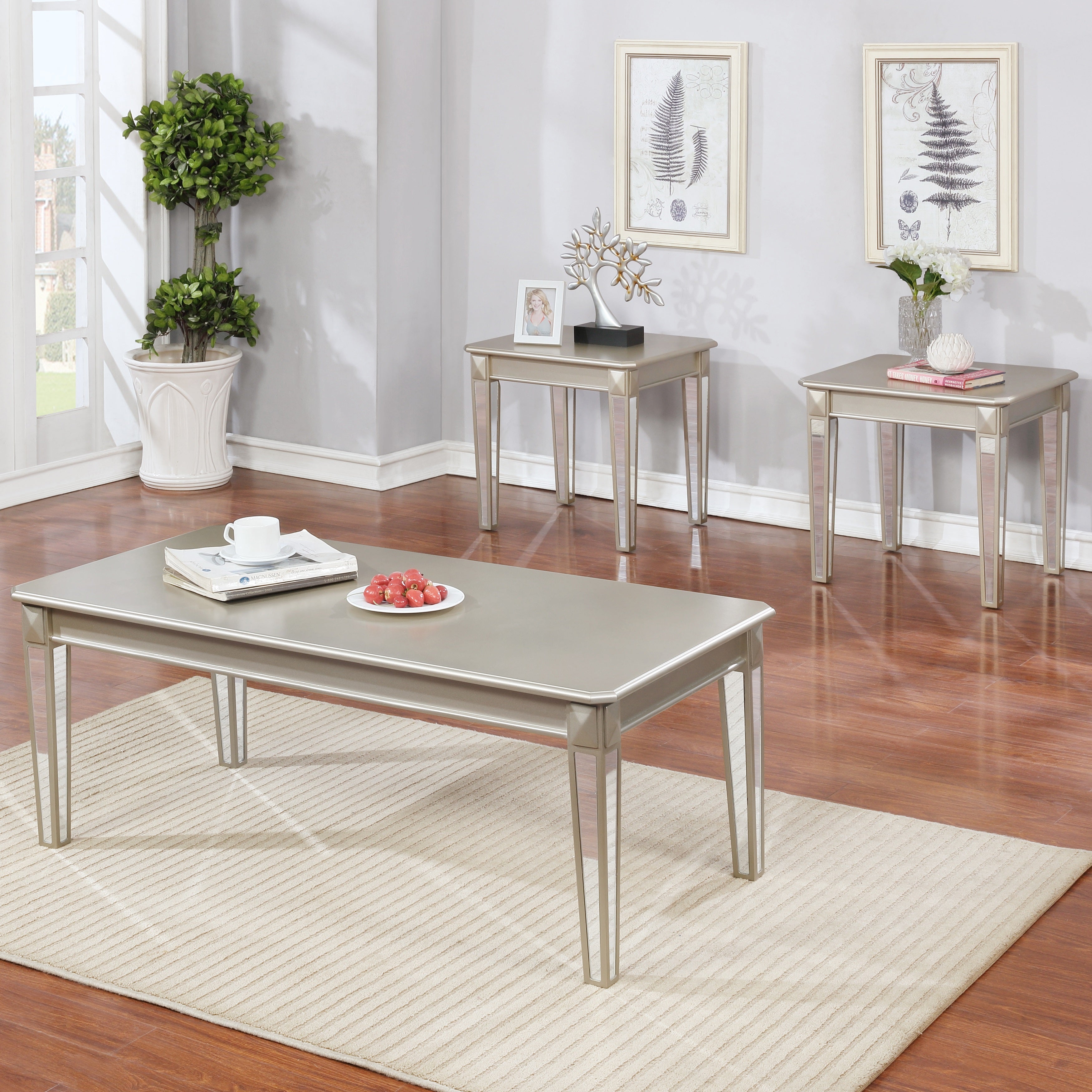 Roundhill Furniture Barent Contemporary Wood 3-Piece Coffee Table Set with Mirrored Legs in Champagne - Modern Living Room Centerpiece for Home Decor & Entertainment Spaces