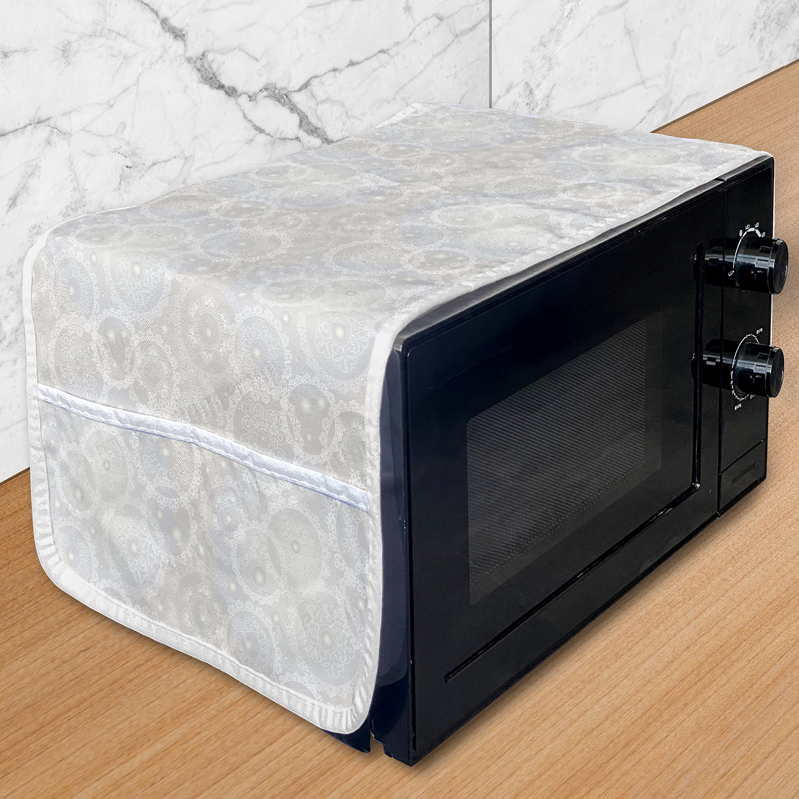 Ambesonne Pearls Microwave Cover - Elegant Lace Doily Pattern, Waterproof Kitchen Organizer with Pockets, 36