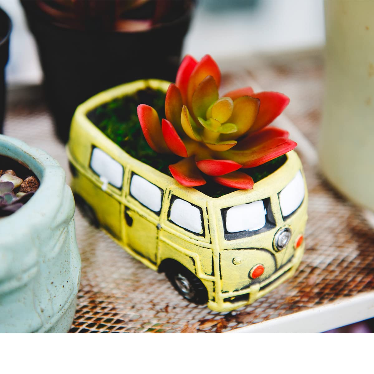 Small Succulent Planters with Drainage Hole - Cute Yellow Bus Flower Pots for Indoor & Outdoor Plants, Home & Garden Decor - Perfect for Windowsills, Office Desks, and Patio Decorations
