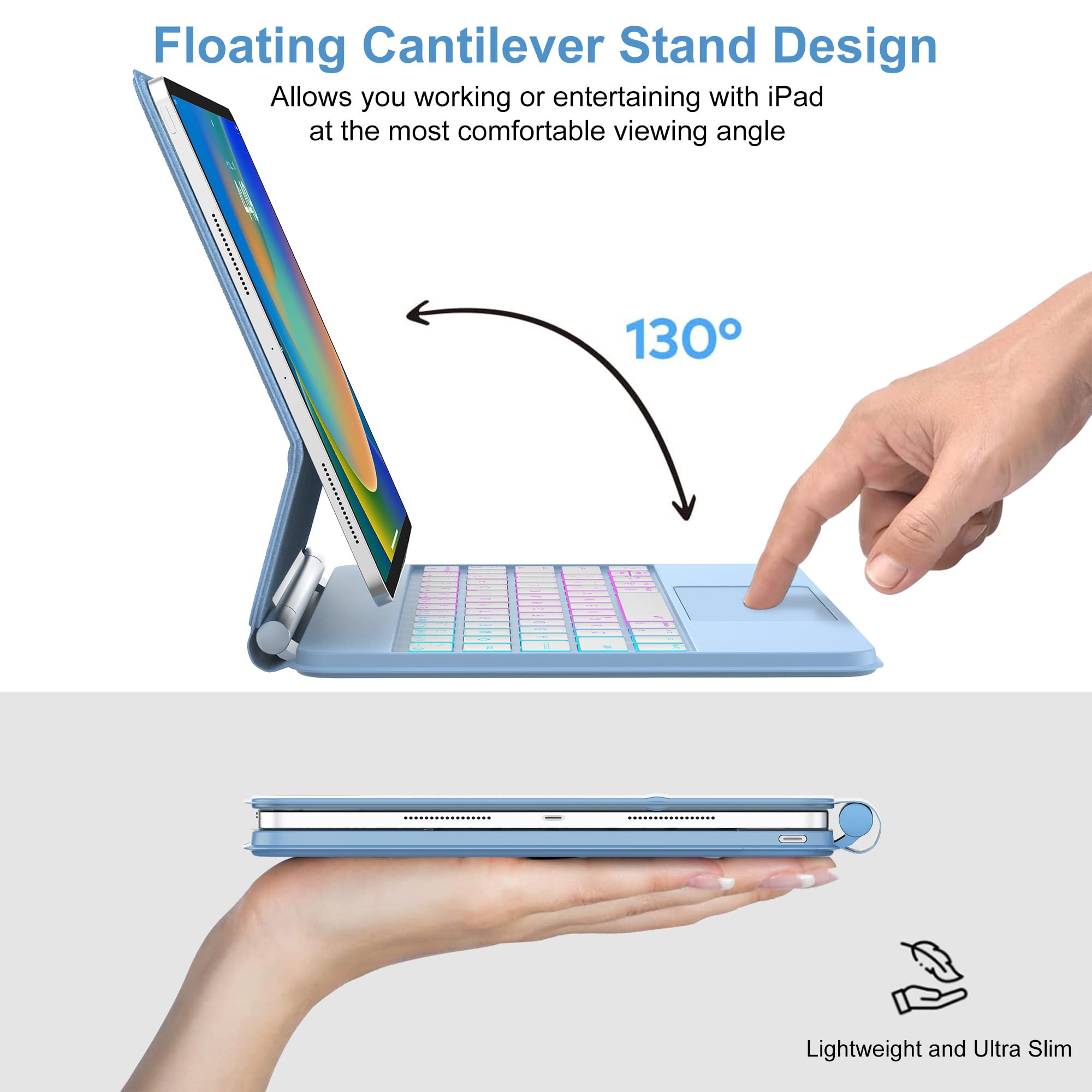 Magic Keyboard Case for iPad Air 11-inch (M2) 2024 & iPad Air 5th/4th Gen & iPad Pro 11 (1st-4th Gen) - Backlit Bluetooth Keyboard with Multi-Touch Trackpad, Floating Magnetic Stand & Rainbow LED - Perfect for Work, Study & Travel (Blue)