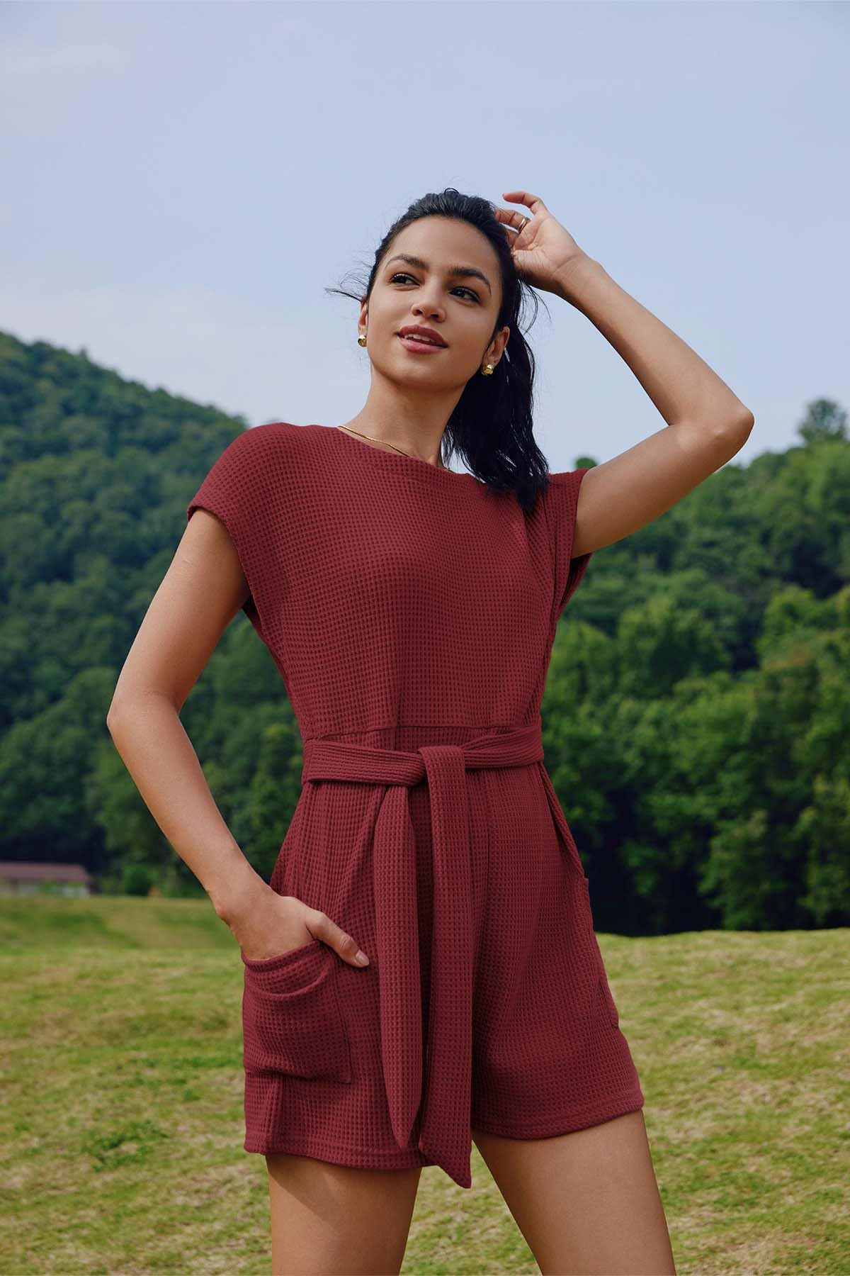 Panadila Women's Oversized Waffle Knit Romper - Casual Summer Loose Jumpsuit with Tie Waist & Pockets | Beach Cover-Up, Lounge Wear, Vacation Outfit