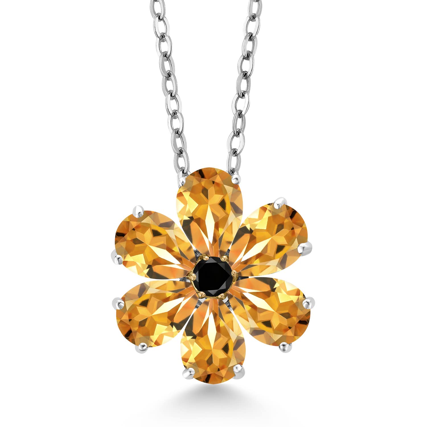 2.05 Ct Natural Yellow Citrine & Black Diamond Pear-Shaped Flower Pendant in 925 Sterling Silver & 10K Yellow Gold with Chain | Elegant Jewelry Gift for Women, Perfect for Weddings, Anniversaries & Special Occasions