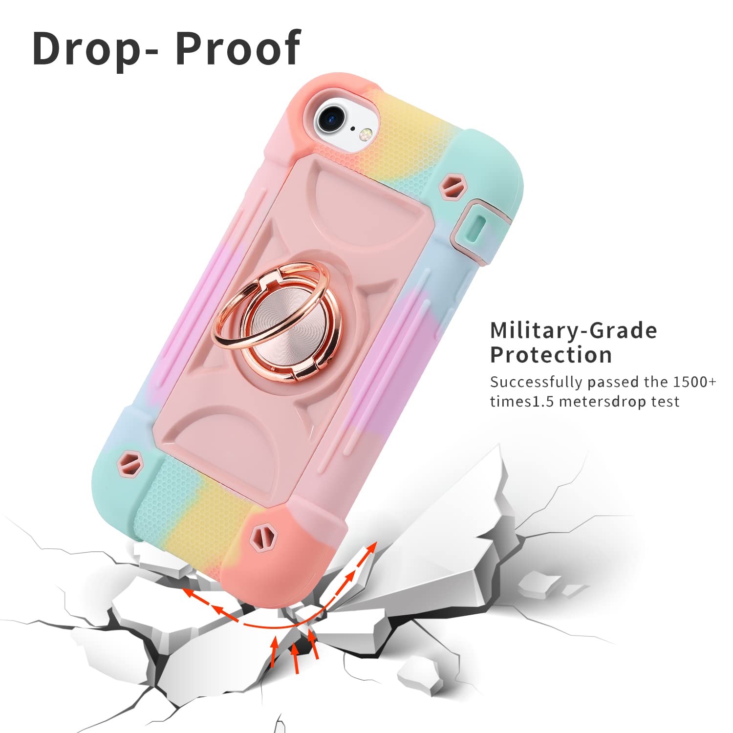 MARKILL Heavy-Duty Military Grade Shockproof Phone Case Compatible with iPhone SE 3/SE 2/6/6S/7/8 (4.7 Inch) - Built-in Ring Stand, Rainbow Pink Protective Cover for Kids & Girls - Perfect for Outdoor Activities, School & Daily Use