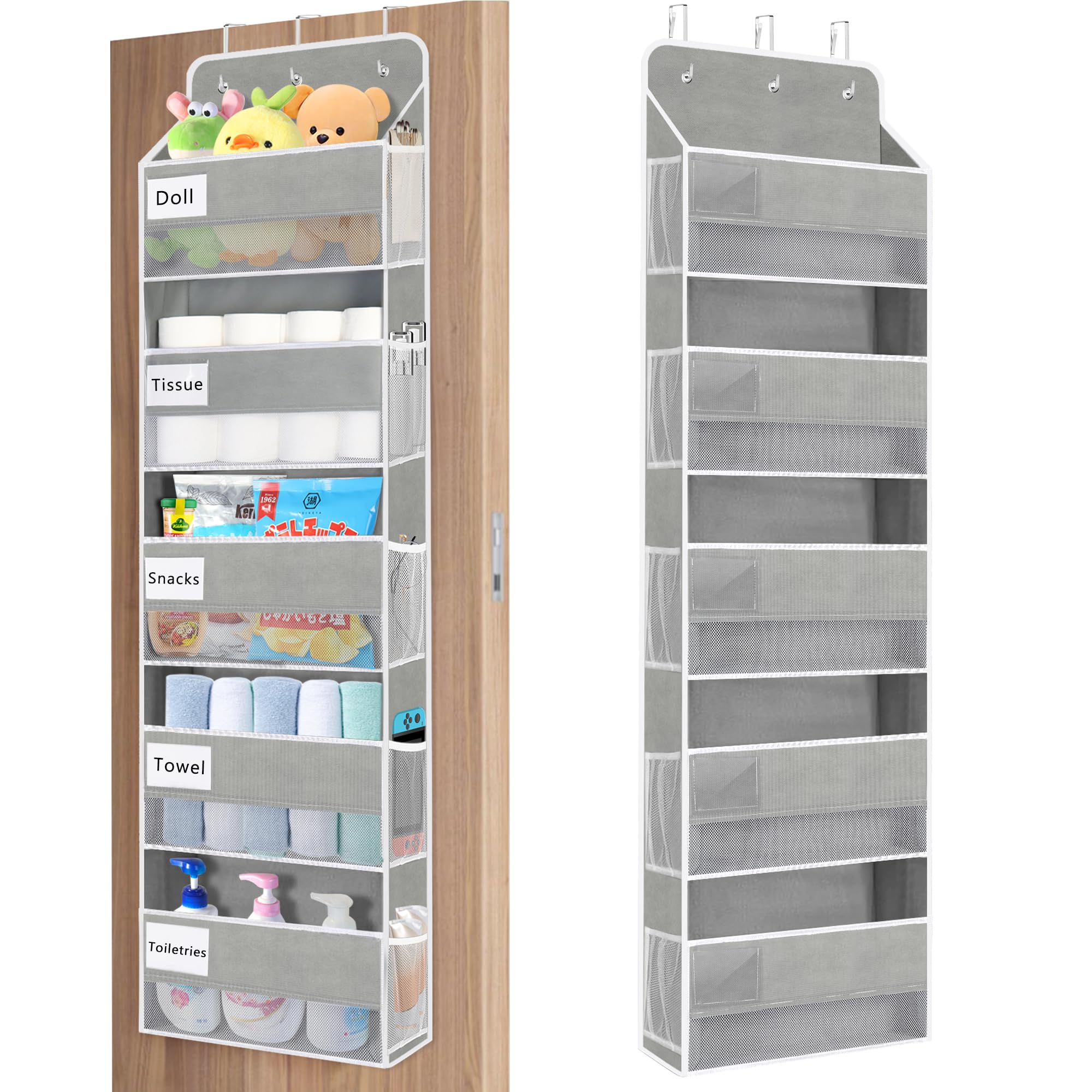 Over The Door Organizer with 5 Large Pockets & 10 Mesh Side Pockets - Heavy Duty 44lbs Capacity Hanging Storage for Nursery, Bathroom, Bedroom & Pantry - Perfect for Toys, Towels, Shoes & Pantry Items