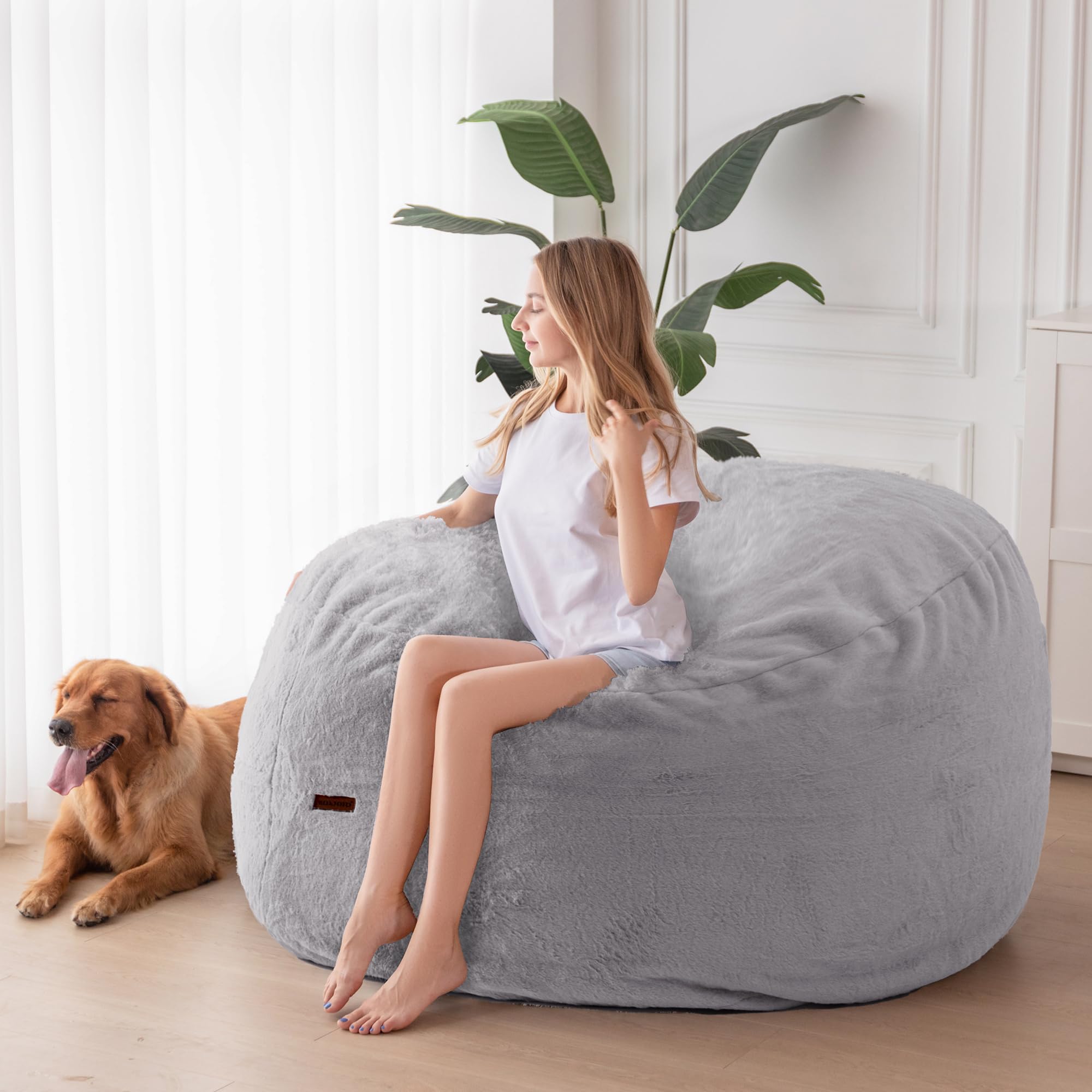 MAXYOYO Giant Bean Bag Chair - Faux Fur Convertible Sofa Bed, Transforms from Lounge Chair to Floor Mattress (Light Grey) | Perfect for Living Room, Bedroom, Dorm & Game Room Relaxation