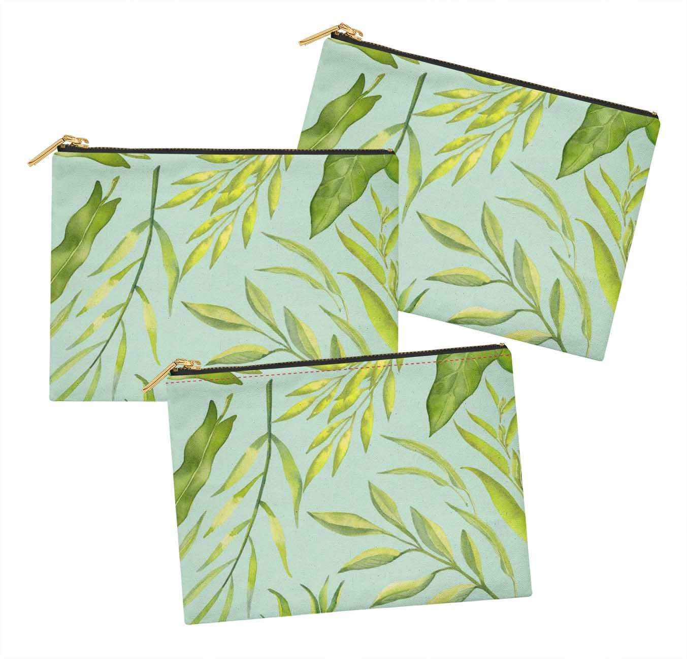 Stylish Green Anthurium & Leaves Printed Cosmetic Bag Set of 3 - 6 x 8 Inch Makeup Pouch, Coin Purse & Toiletry Organizer - Perfect for Travel, Gym & Daily Essentials Storage