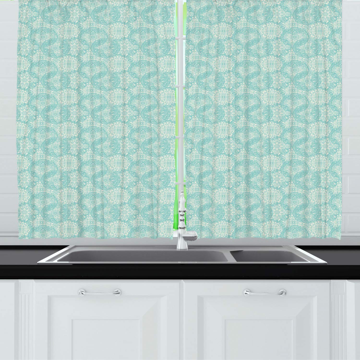Ambesonne Vintage Long Kitchen Curtains - Nostalgic Bicolor Mandala Floral Design, Pastel Asian Inspired Drapes with Rod Pocket, 55