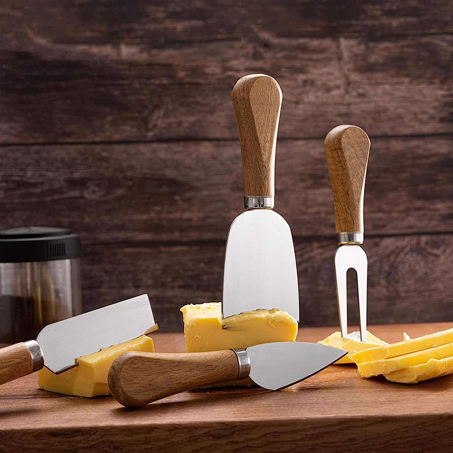 Premium Stainless Steel Cheese Knives Set with Wooden Handle - 6-Piece Charcuterie Board Accessories Kit Includes Mini Cheese Knives, Serving Tongs, Spoons, Forks & Toothpick Flags - Perfect for Party, Wedding, Christmas Cheese Platters & Charcuterie Boards