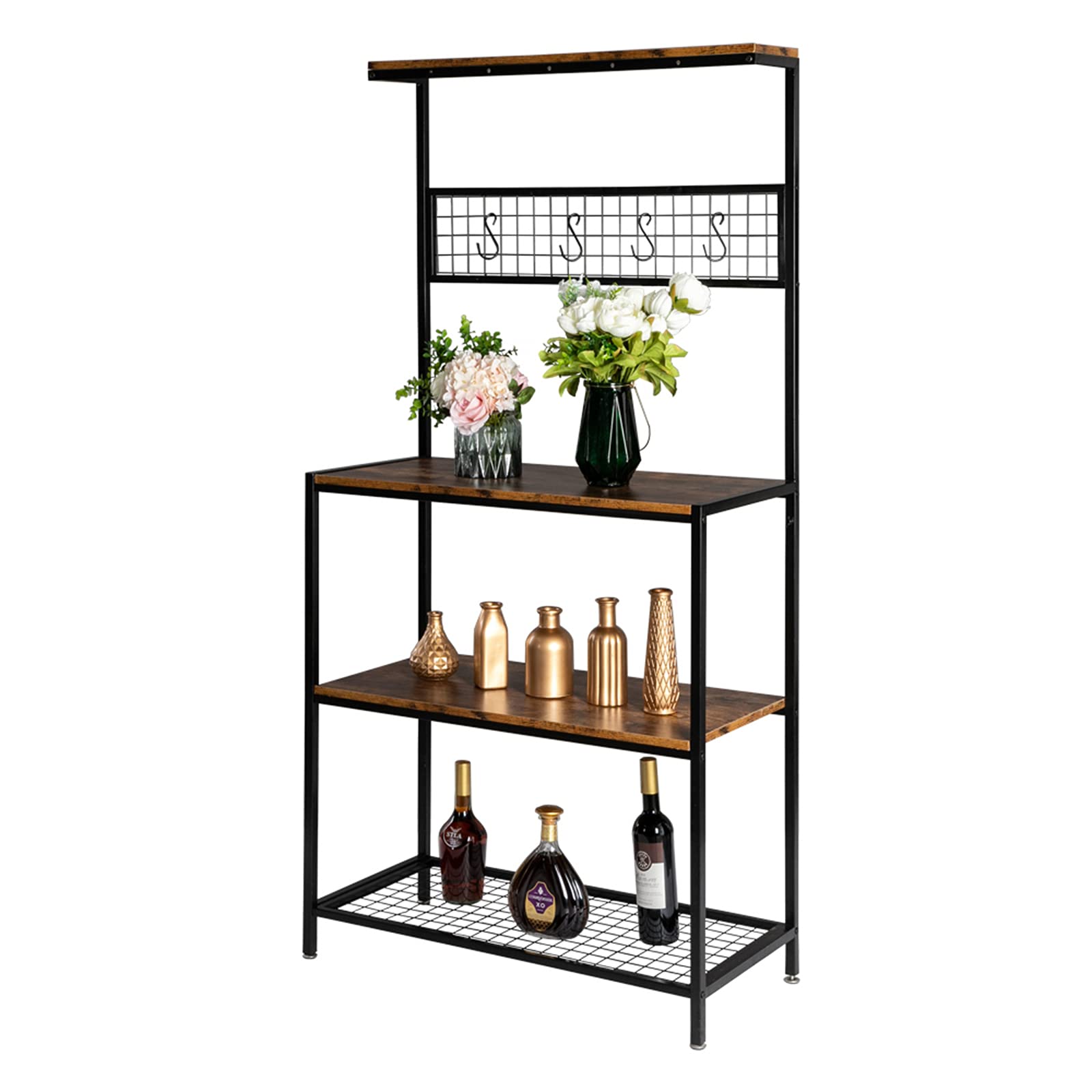 Hadgethey 4-Tier Kitchen Standing Baker's Rack - Single Row with 5 Hooks, 2 Wooden Shelves & Iron Mesh Shelf - Microwave Oven Storage Rack in Retro Brown | Perfect for Small Kitchens, Pantry Organization & Baking Supplies Storage
