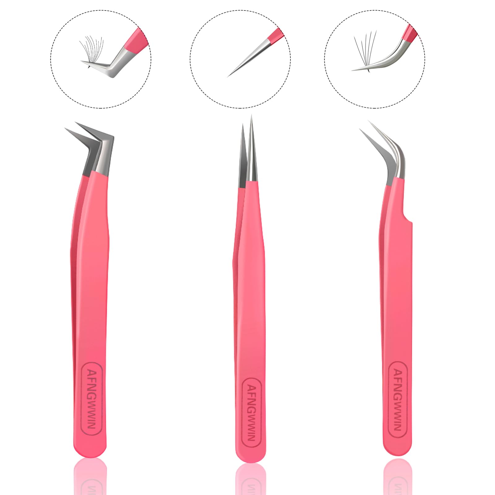 Professional Stainless Steel Eyelash Extension Tweezers - Pack of 3 with Straight & Curved Tips (Deep Pink) | Perfect for Salon, DIY Lash Extensions & Beauty Professionals