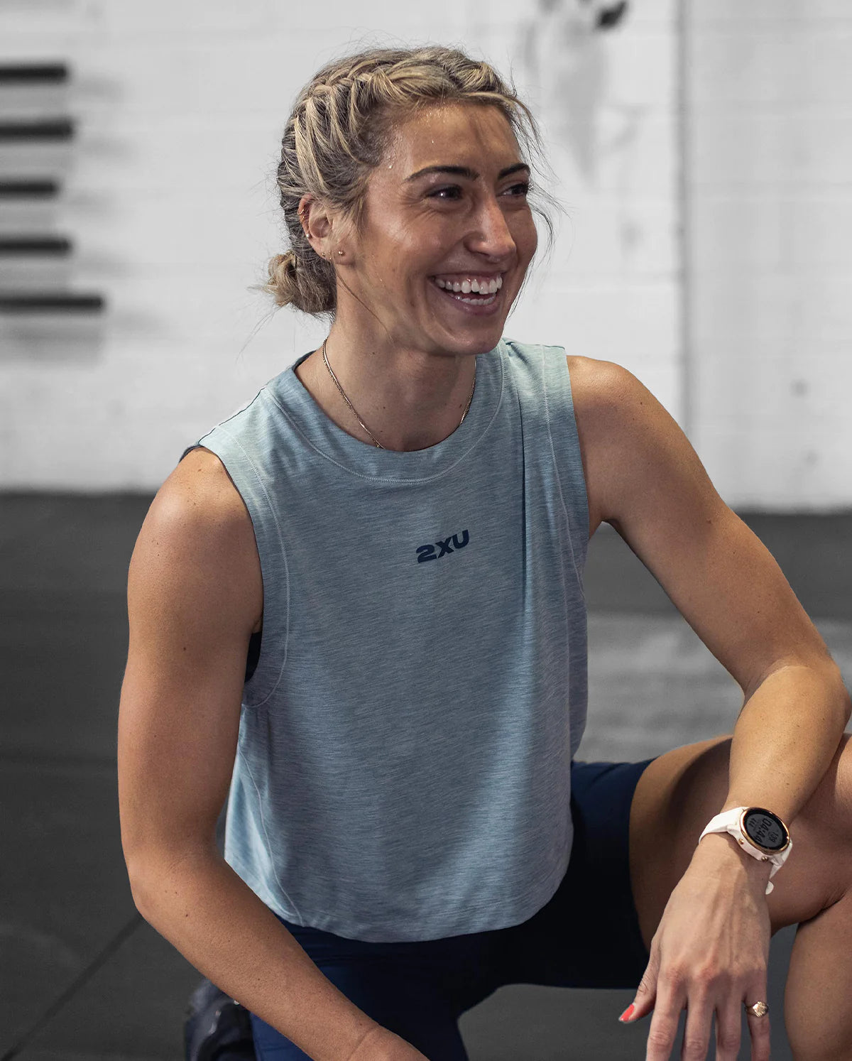 Women's Stretchy Motion Crop Tank Top - Chambray Blue Casual Workout & Yoga Shirt for Active Lifestyles