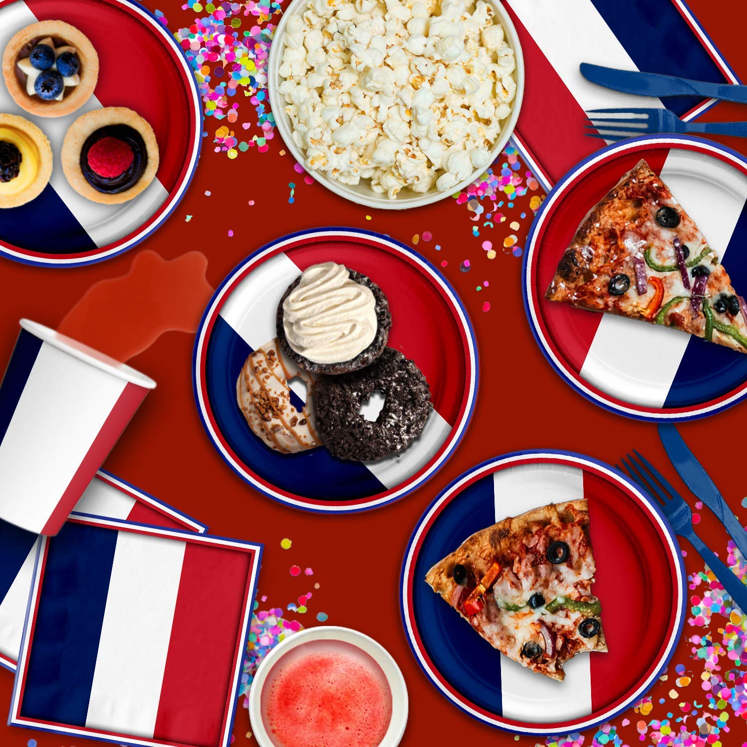 French Flag Themed Birthday Party Supplies Set - 16-Piece Tableware Kit with Plates, Napkins & Cups for Patriotic Celebrations & National Day Events