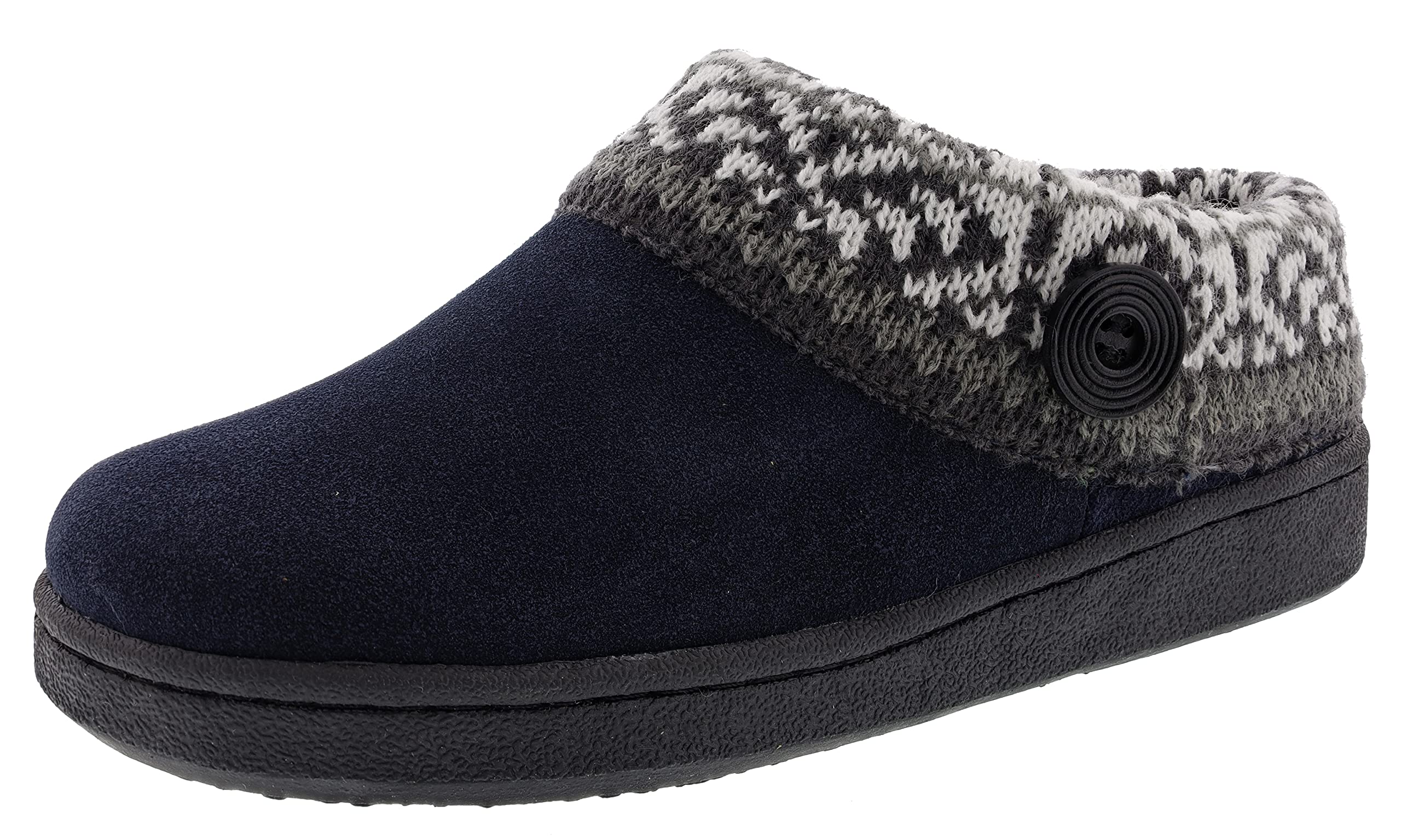 Clarks Women's Suede Leather Comfort Clog Slippers with Knitted Collar & Plush Faux Fur Trim - Cozy Indoor/Outdoor House Shoes for Women - Perfect for Lounging, Running Errands & Cold Weather (Fairisle Navy, Size 9M)
