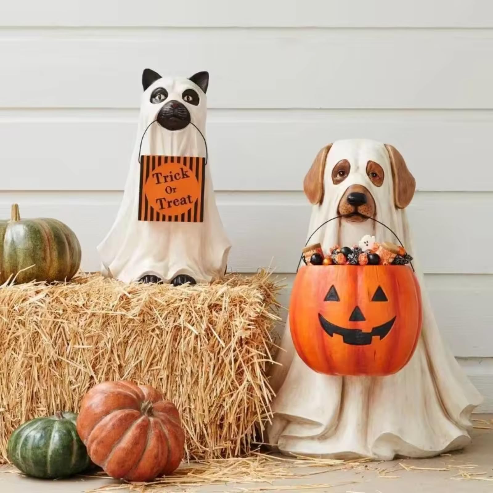 Spooky Ghost Dog Candy Bowl Holder - Halloween Decor with Pumpkin Candy Tray - Indoor & Outdoor Party Decoration for Halloween, Christmas, and Themed Events (Dog Statue)