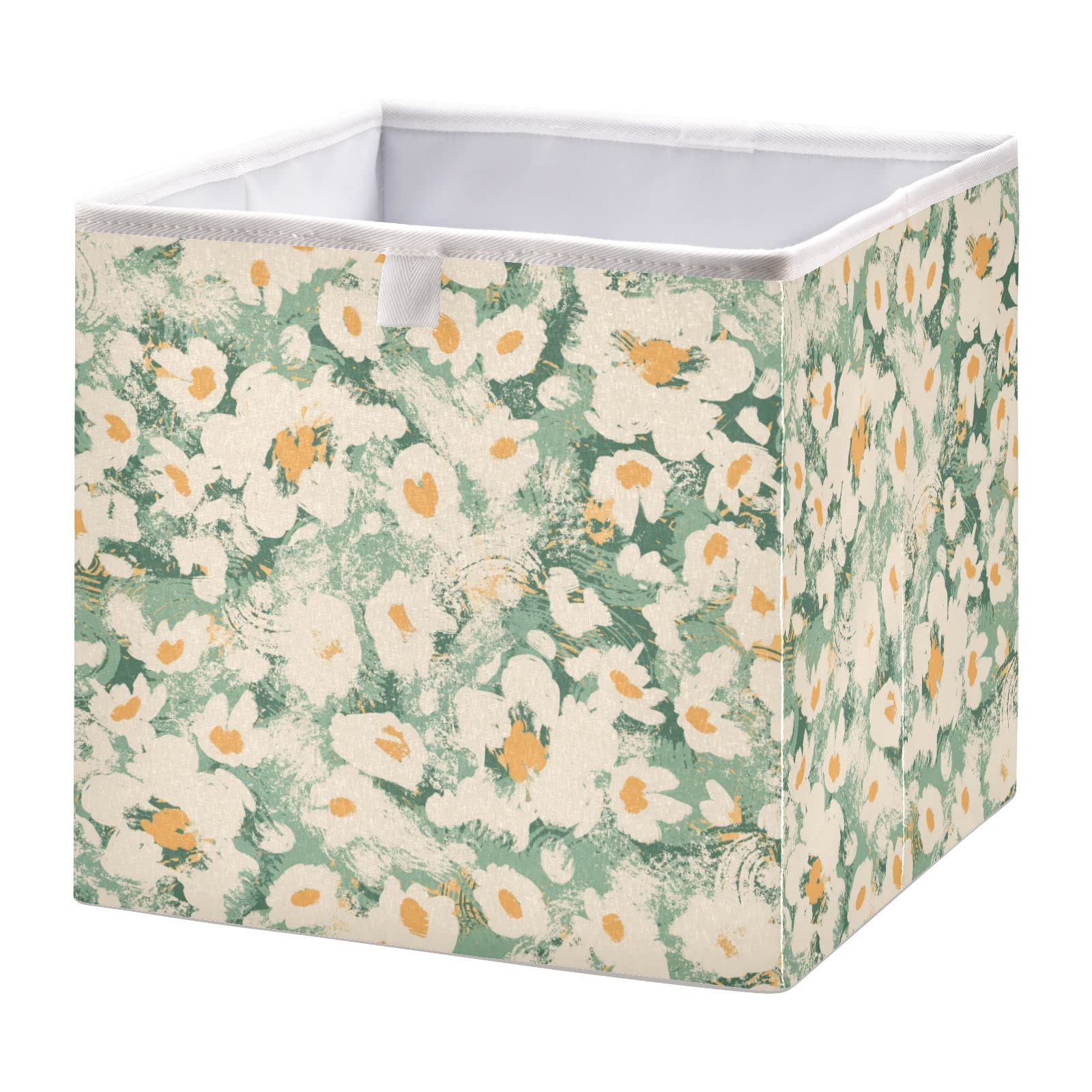 WELLDAY Foldable Storage Basket - 11x11x11 Inch Cube Organizer Bin with Abstract Green Floral Design for Home Decor, Toys, Books, Shelves, Closet & Laundry | Perfect for Nursery, Bedroom & Living Room Organization