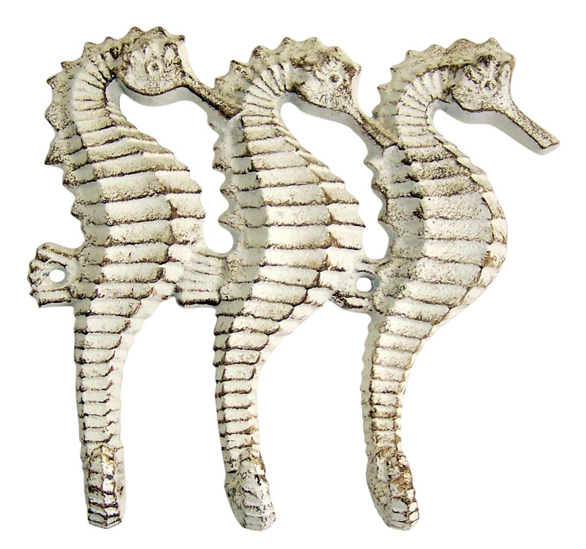 Large Rustic White Cast Iron Sea Horse Wall Hooks - 8.75 Inch - Coastal Decor for Bathroom, Bedroom & Entryway Organization