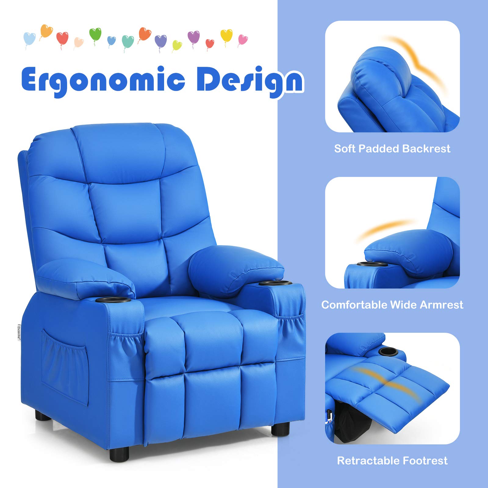 Kids Recliner Chair with 2 Cup Holders & 3 Pockets - Adjustable PU Leather Toddler Sofa for Boys Girls Age 3+ (Blue) - Perfect for Playroom, Bedroom, Movie Nights & Relaxation