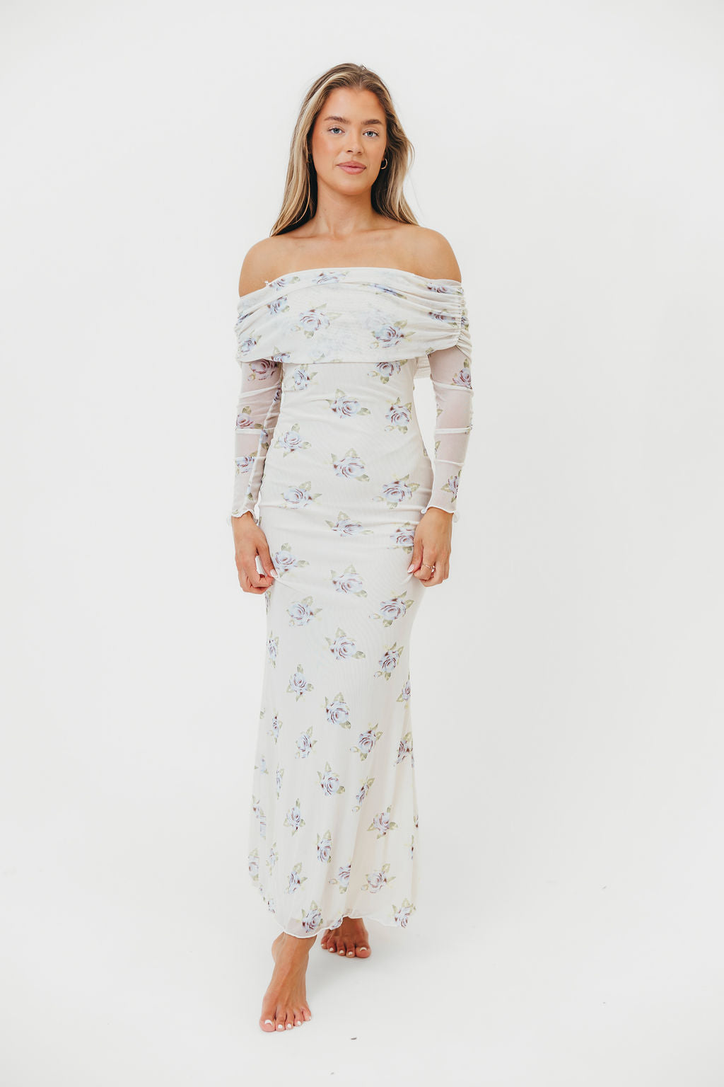 Chrishell Women's Off Shoulder Long Maxi Dress in Cream - Elegant Summer Beach Wedding Party Dress