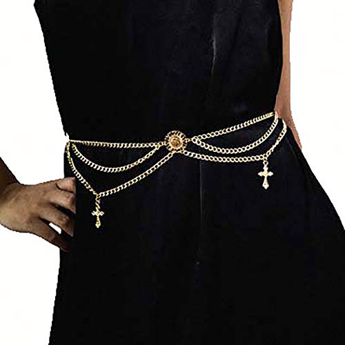 Fstrend Gold Coin Holy Cross Pendant Layered Body Chain - Waist Jewelry for Women & Girls - Perfect for Parties, Festivals, and Beach Outfits
