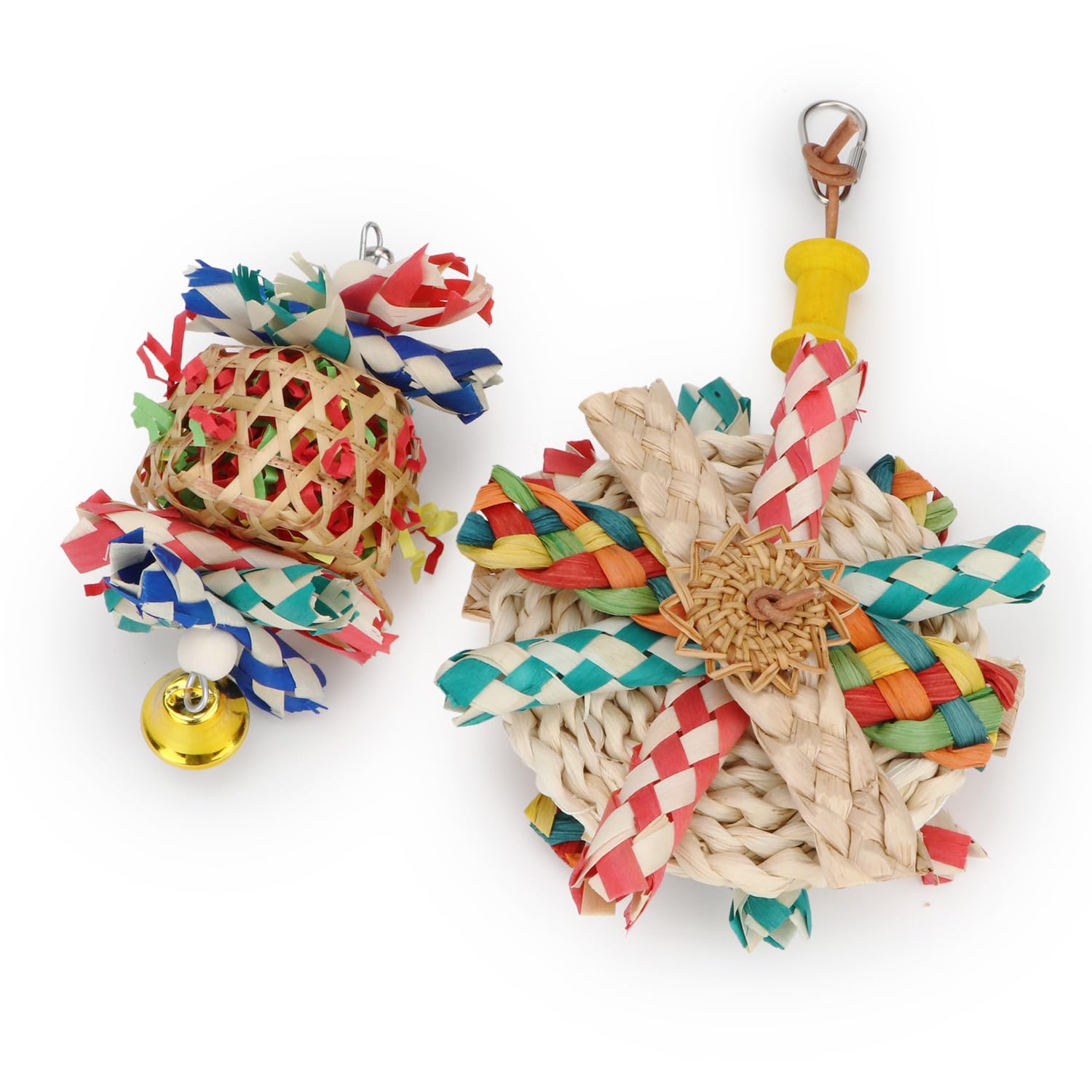Natural Seagrass Woven Foraging Basket with Bell - Bird Chewing Toys for Parrots, Cockatiels, Sun Parakeets, Budgies & Lovebirds (2-Piece Set: Bite Cake + Woven Basket) - Perfect for Cage Enrichment & Mental Stimulation