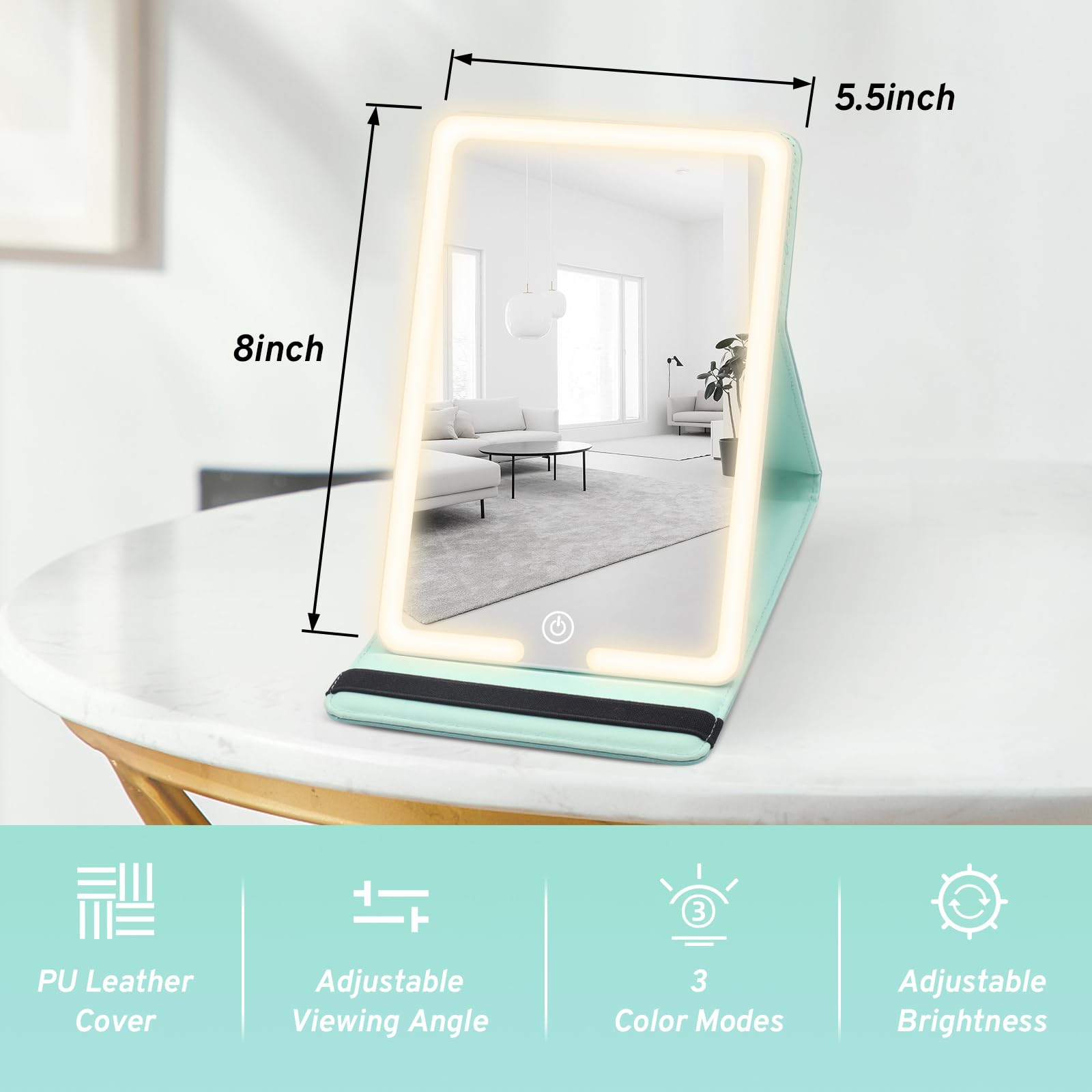 LED Travel Makeup Mirror with 3 Lighting Modes - Rechargeable Folding Vanity Mirror with Touch Screen & Dimmable Lights | Portable PU Leather Compact Mirror for Home, Travel & Professional Makeup Application | Perfect for Hotels, Airbnb, Dorm Rooms & Beauty On-The-Go