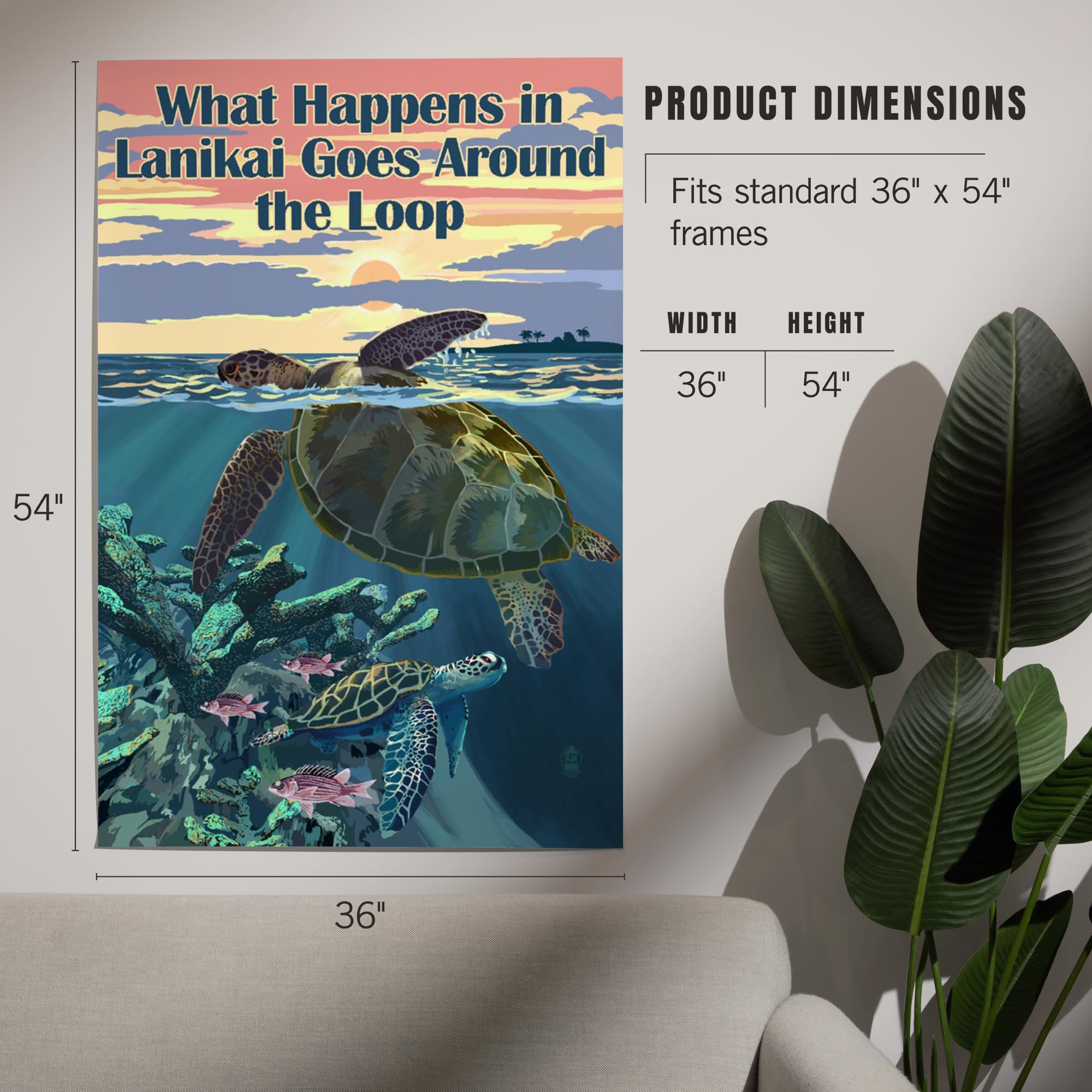 Lantern Press 36x54 Inch Giclee Art Print - Hawaii Sunset with Sea Turtles 'What Happens in Lanikai Goes Around the Loop' - Premium Wall Decor for Living Room, Bedroom & Office