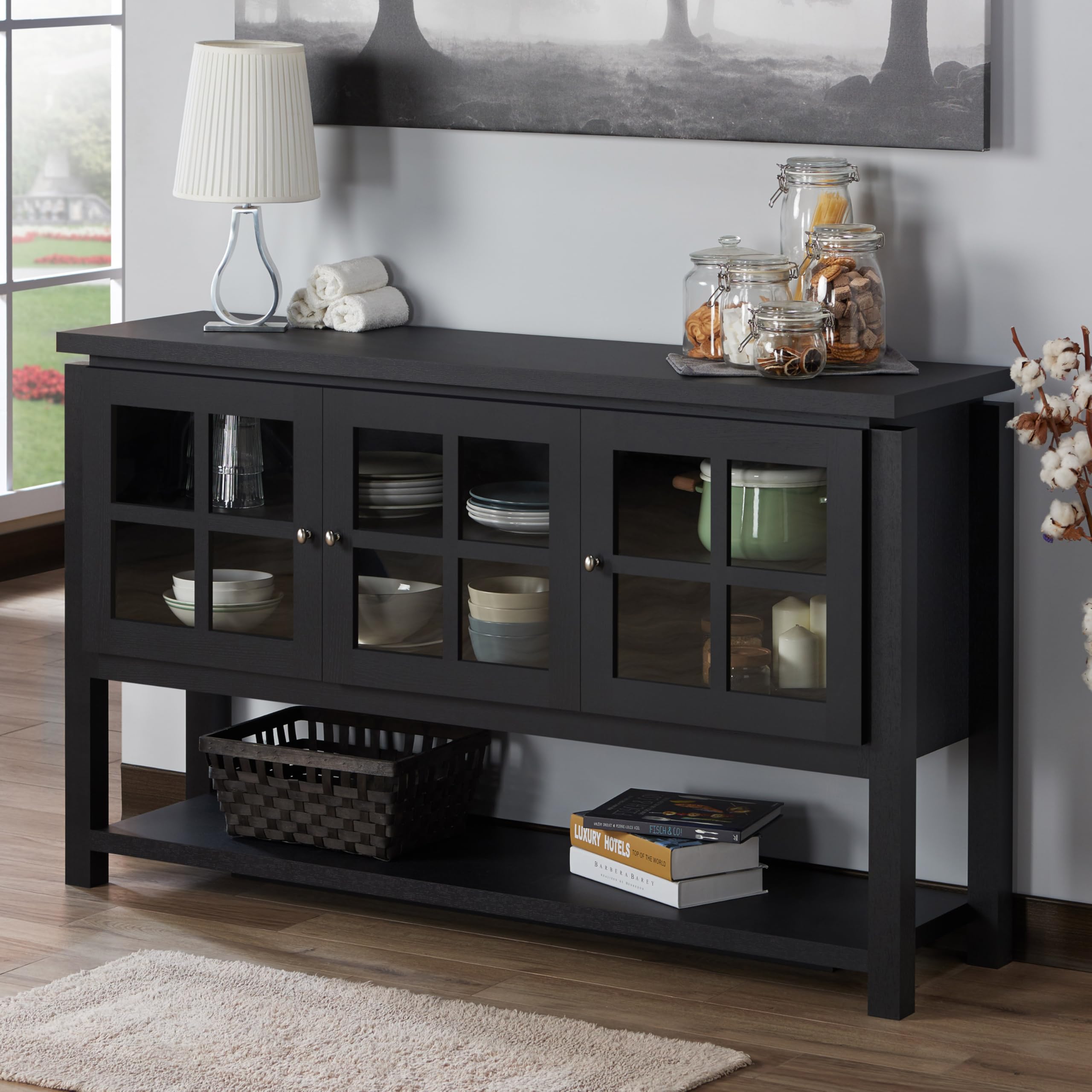 Furniture of America Julianna Farmhouse Sideboard Buffet Cabinet with Storage & Glass Doors - Wood Kitchen Coffee Bar, Entryway Console Table for Dining Room & Living Room - Perfect for Home Decor & Entertaining (Black)