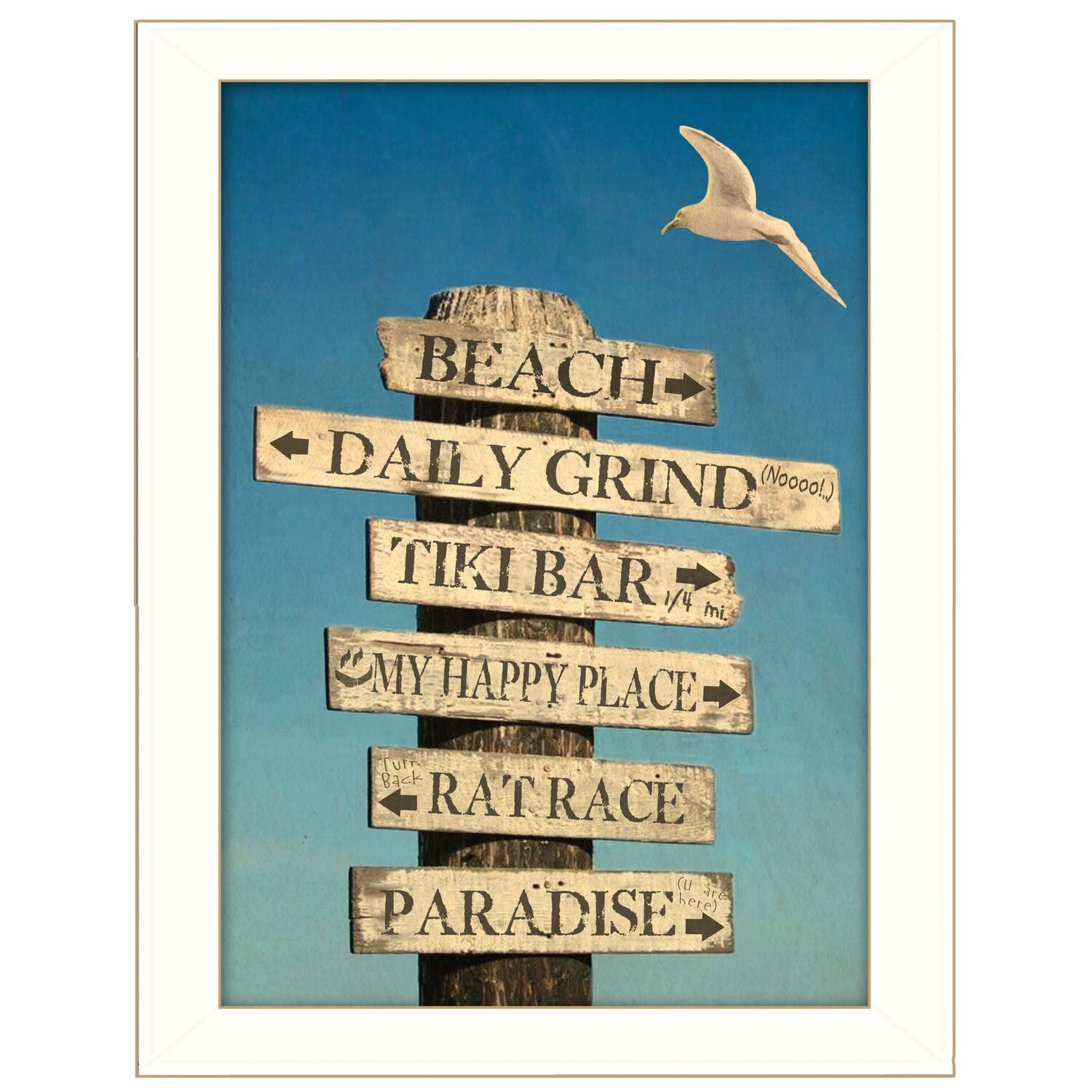 Beach Directional Wall Art - Ready to Hang Framed Print with White Frame by Graffitee Studios - Perfect for Coastal Decor, Beach House & Living Room