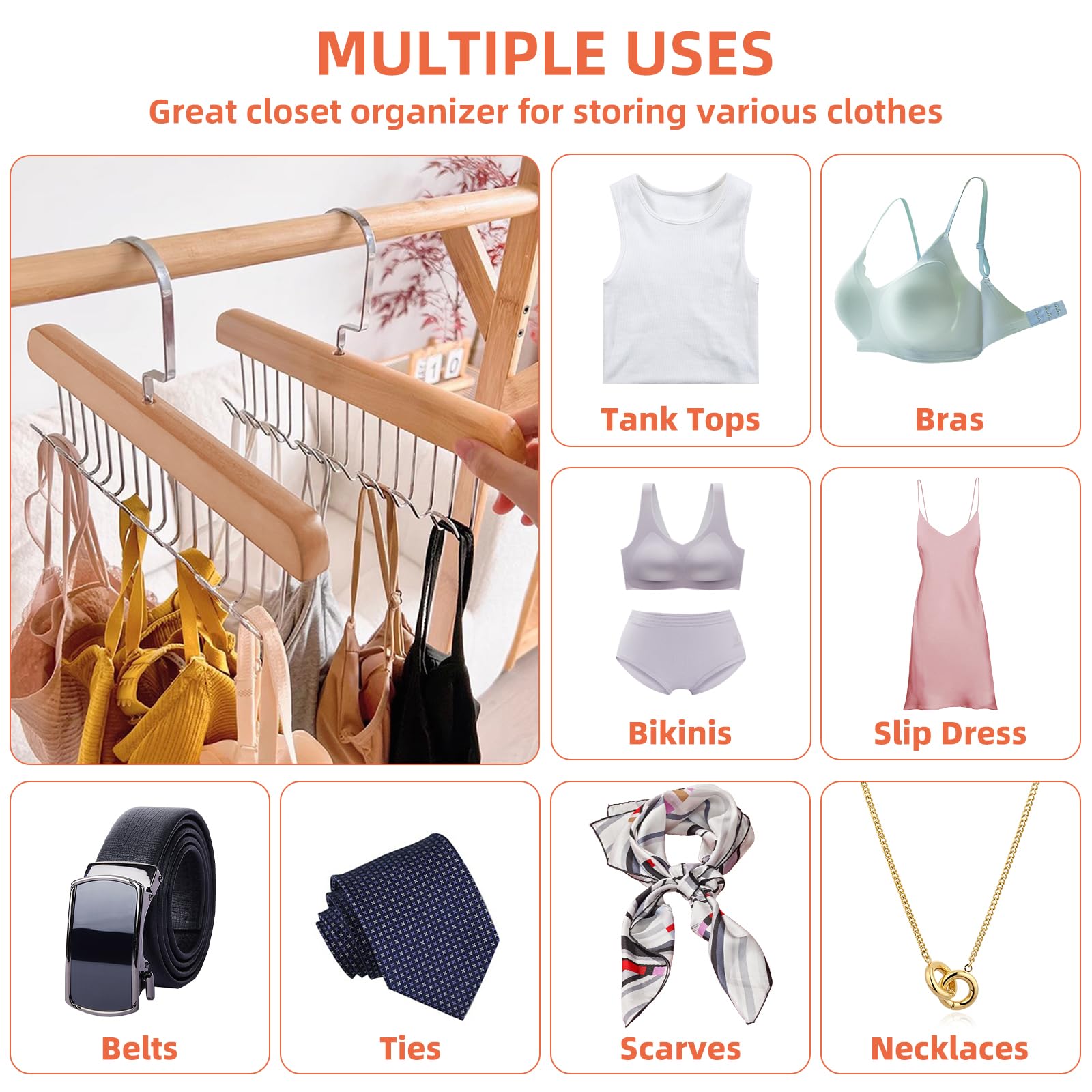 2-Pack Anti-Slip Multi Hook Coat Racks - 360° Swivel Belt Hanger with 8 Hooks for Closet Organizer - Perfect for Belts, Ties, Tank Tops, Bras & Scarves - Space-Saving Storage Solution for Bedroom, Closet or Dorm Organization