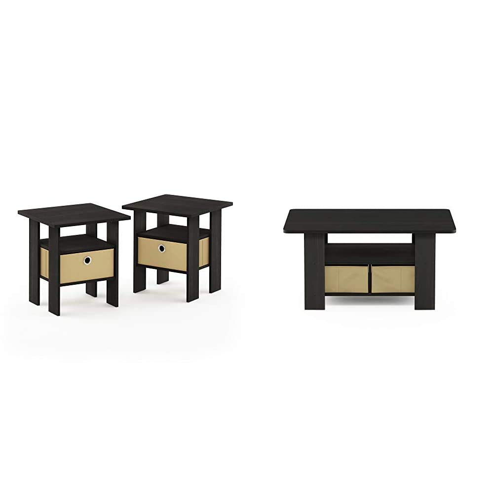 Furinno Andrey End Table Set with Coffee Table and Storage Bins - Modern Living Room Furniture for Small Spaces, Home Decor, and Organization