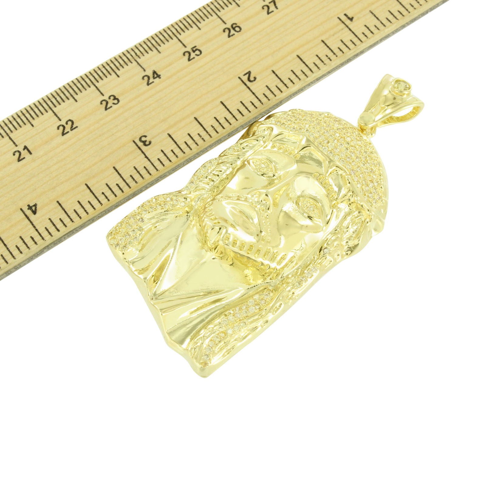 Jesus Face Pendant Necklace - 14K Yellow Gold Plated with Round Cut Simulated Diamonds - Perfect for Religious Gifts, Baptism, First Communion & Everyday Faith Jewelry
